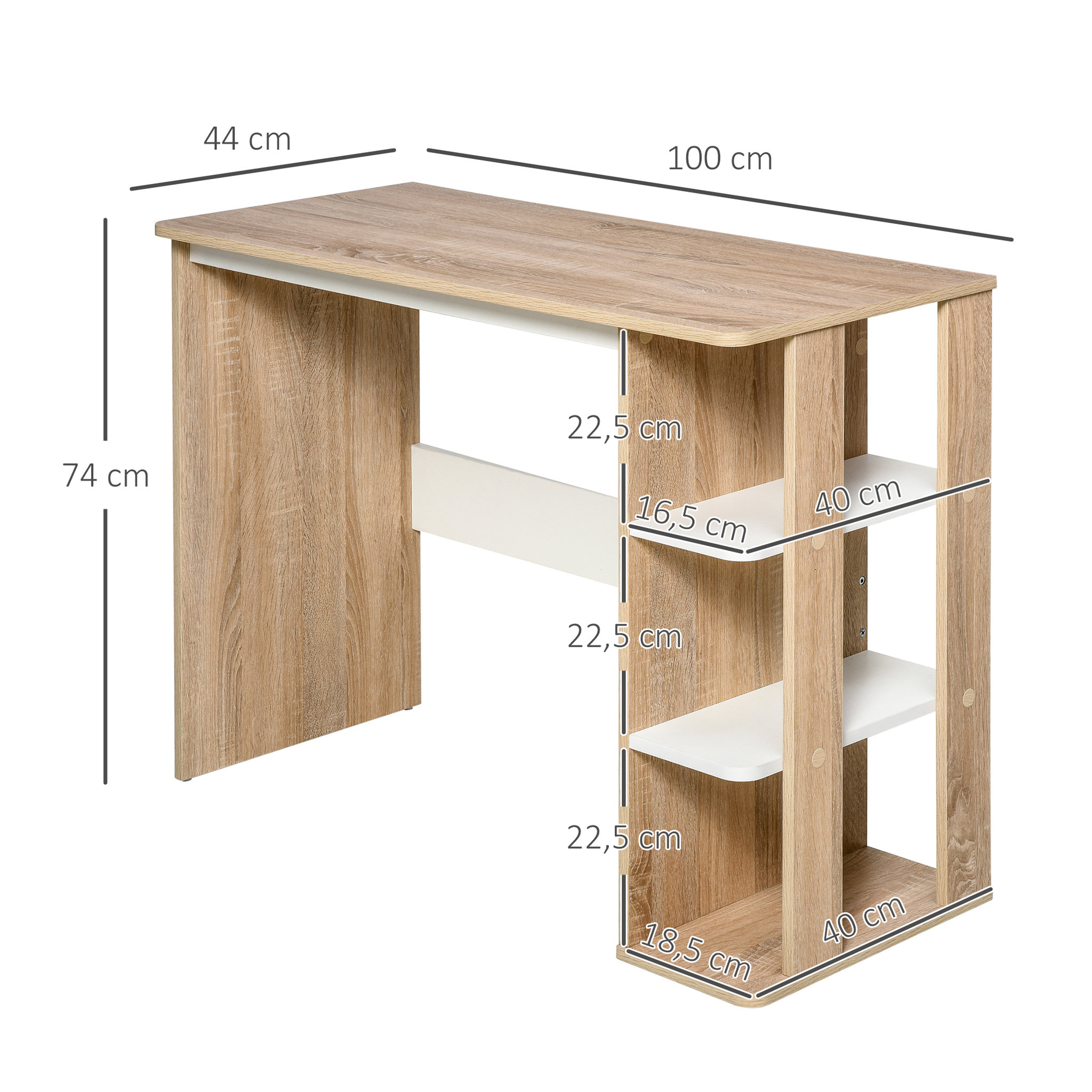 Voir la diapositive 3 : HOMCOM Bureau informatique multimédia dim. 100L x 44l x 74H cm 3 étagères latérales panneaux particules E1 chêne clair blanc