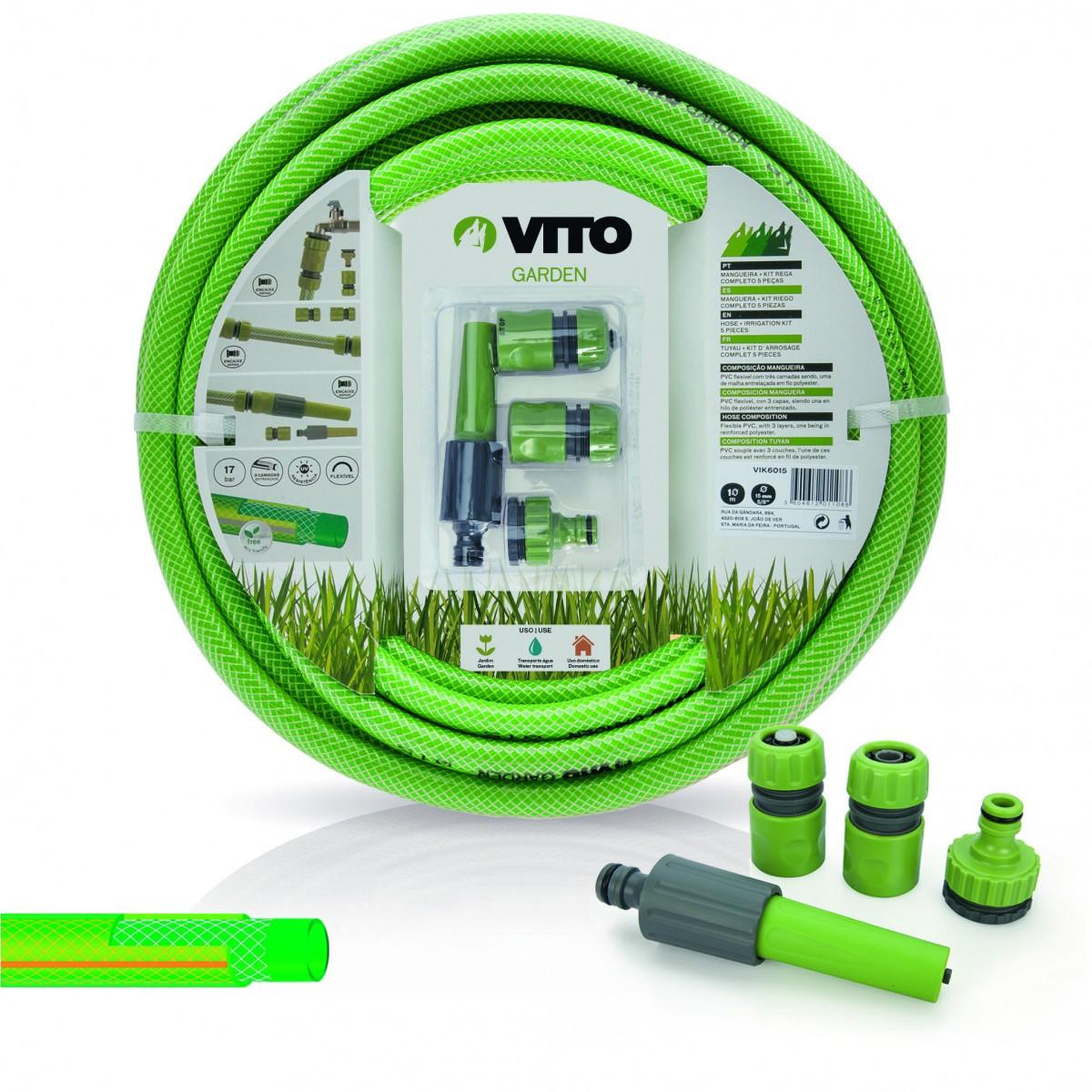 VITO Garden Tuyau d'arrosage 15mm 10 m kit pvc lance multi jet + 2 raccords + nez de robinet vito
