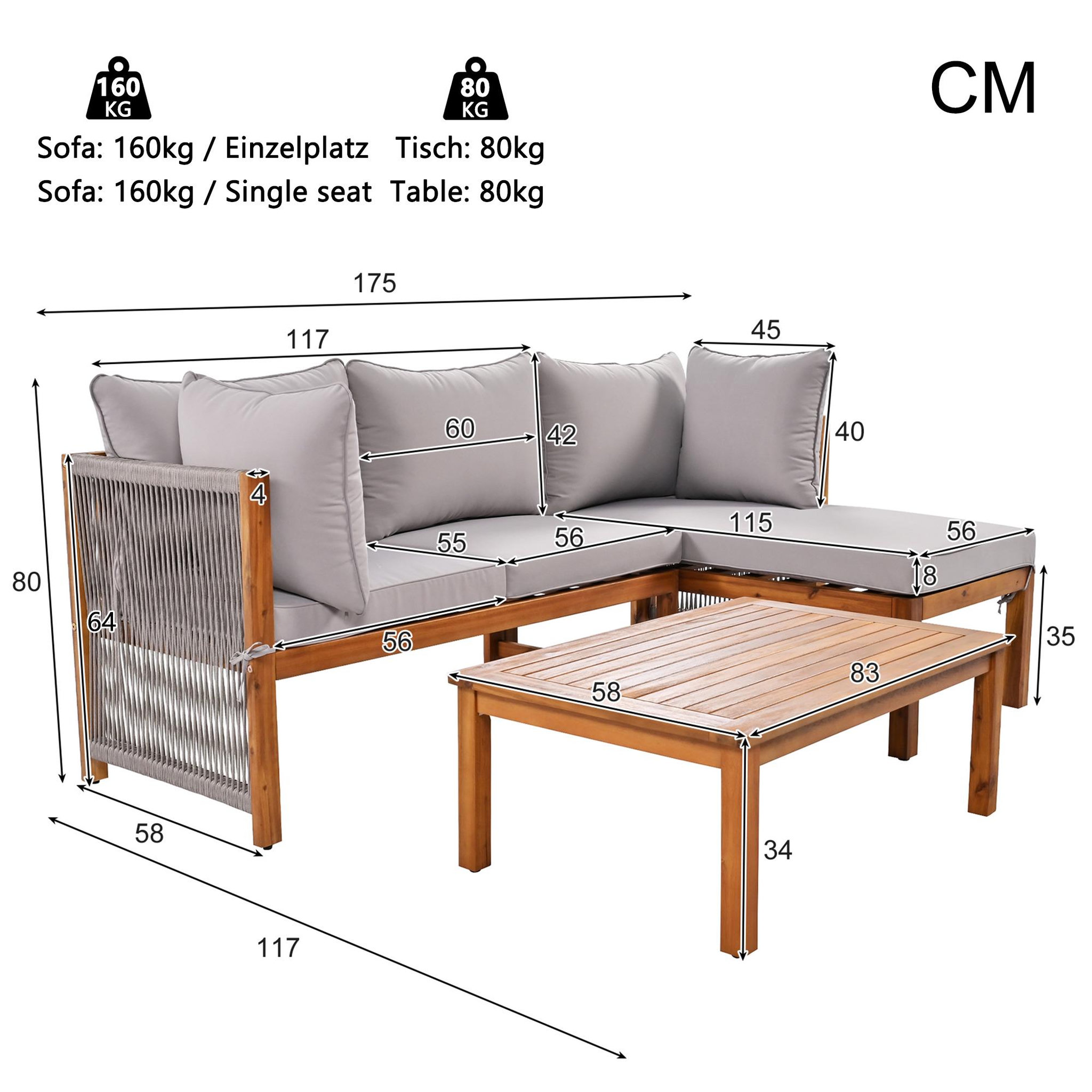 Voir la diapositive 3 : MERAX Salon de jardin angle 4 places en bois avec 2 canapés, table, pieds réglables, coussins, gris