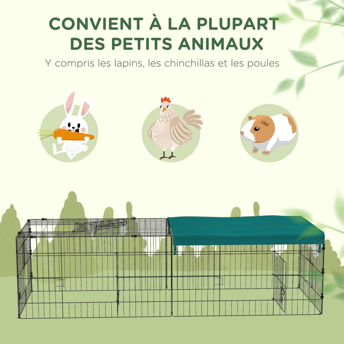 PAWHUT Parc enclos modulable acier avec bache pour lapins rongeurs petits animaux intérieur extérieur 185L x 75l x 50H cm vert