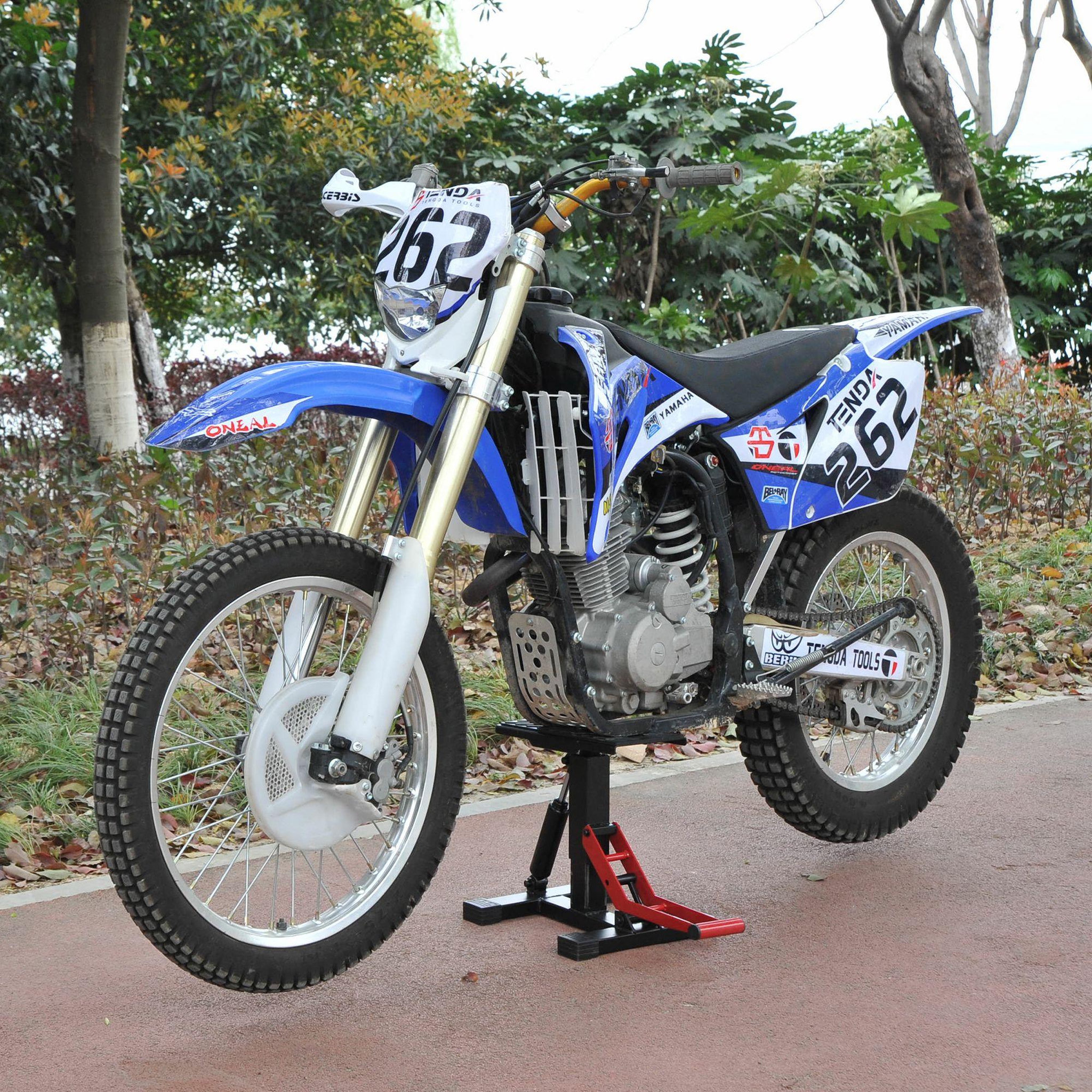 Voir la diapositive 2 : HOMCOM Lève moto béquille d'atelier stand moto tout-terrain moto cross supermotard hauteur réglable acier noir rouge
