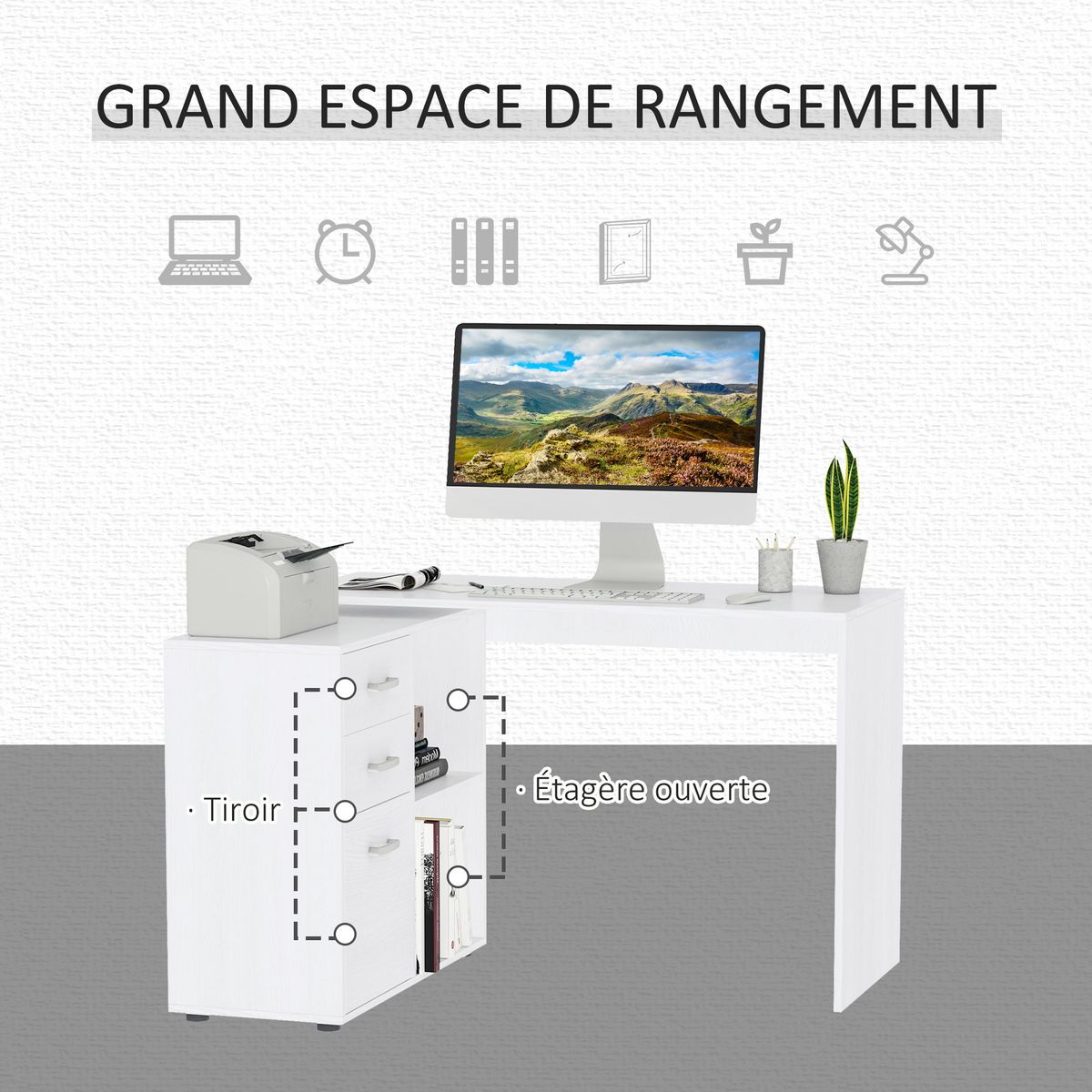 HOMCOM Bureau d'angle bureau droit modulable 2 en 1 bureau informatique tiroirs x 3 + 2 niches MDF blanc