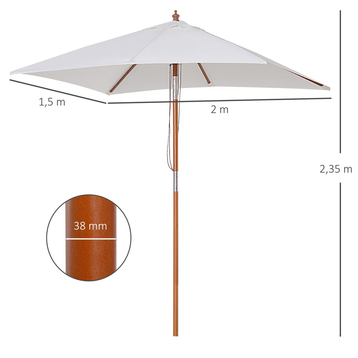 OUTSUNNY Parasol rectangulaire inclinable bois polyester haute densité 2L x 1,5l x 2,3H m crème