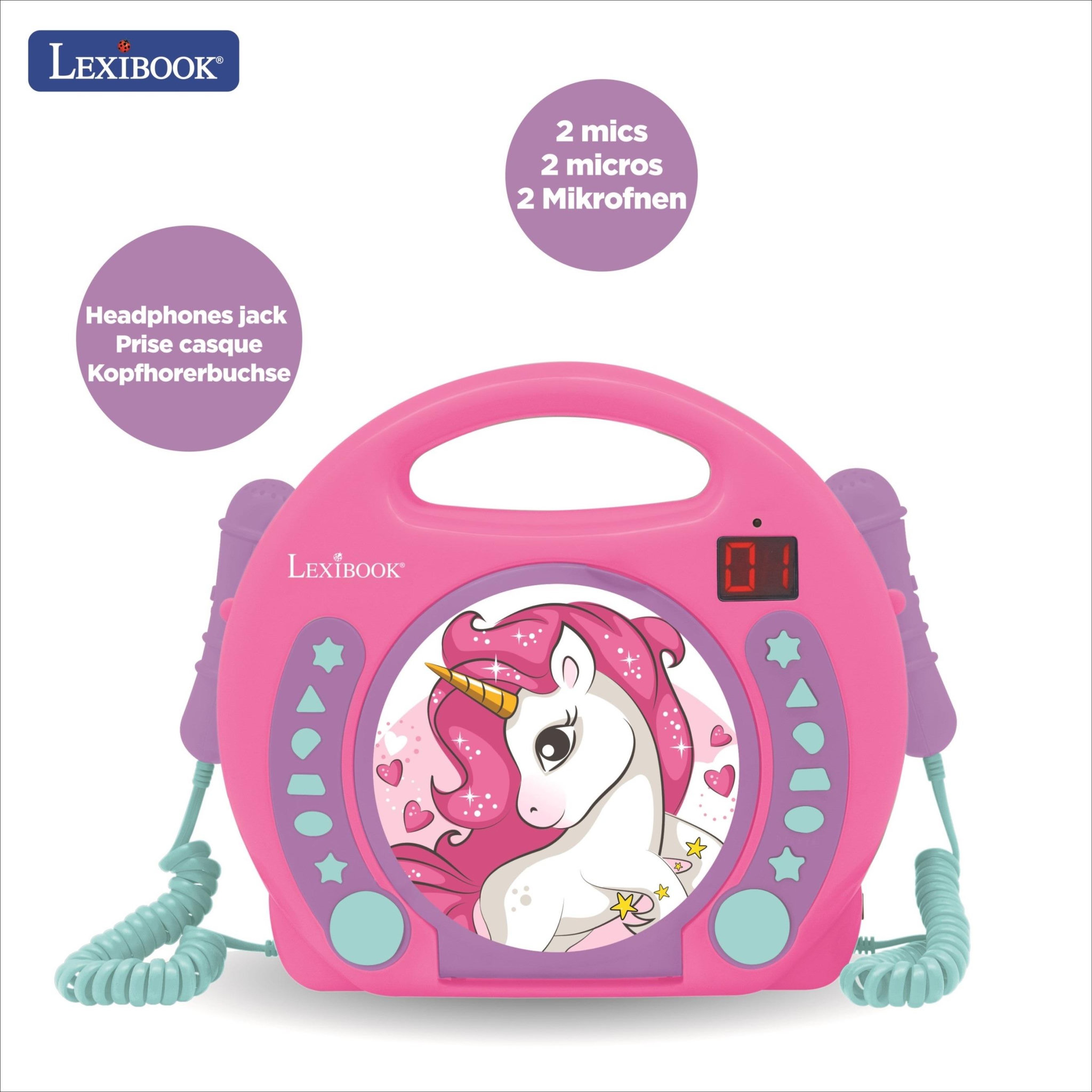 Voir la diapositive 2 : Lexibook Lecteur CD portable avec 2 microphones coloris Licorne