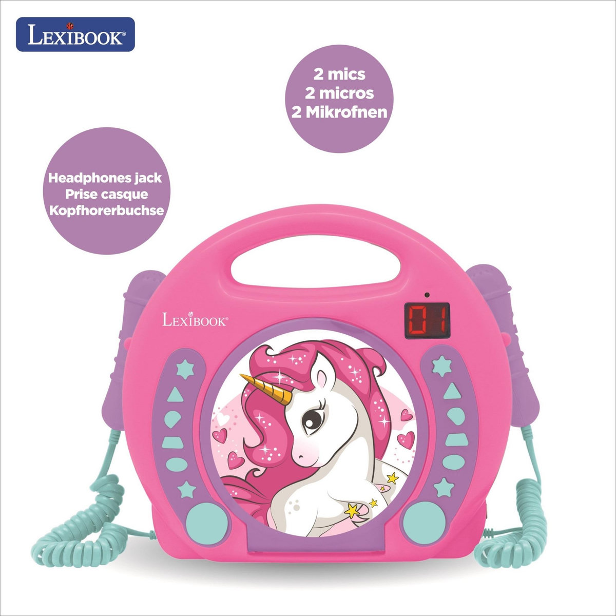 Lexibook Lecteur CD portable avec 2 microphones coloris Licorne