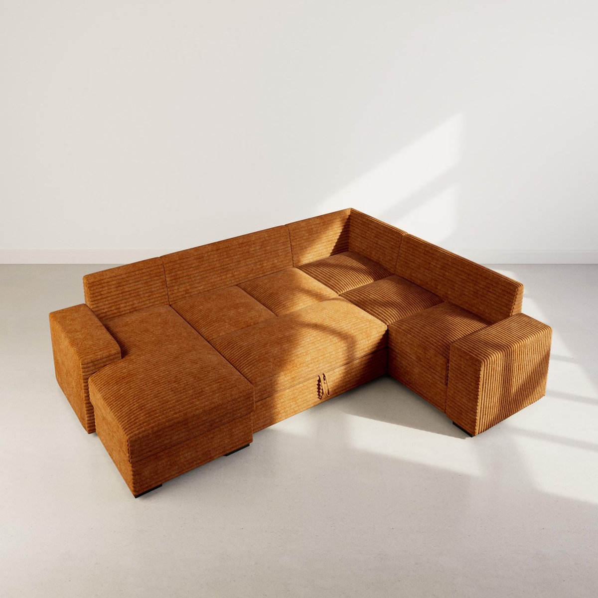 BEST MOBILIER Lorie - canapé panoramique d'angle droit 7 places convertible en velours côtelé grosse côte avec coffre