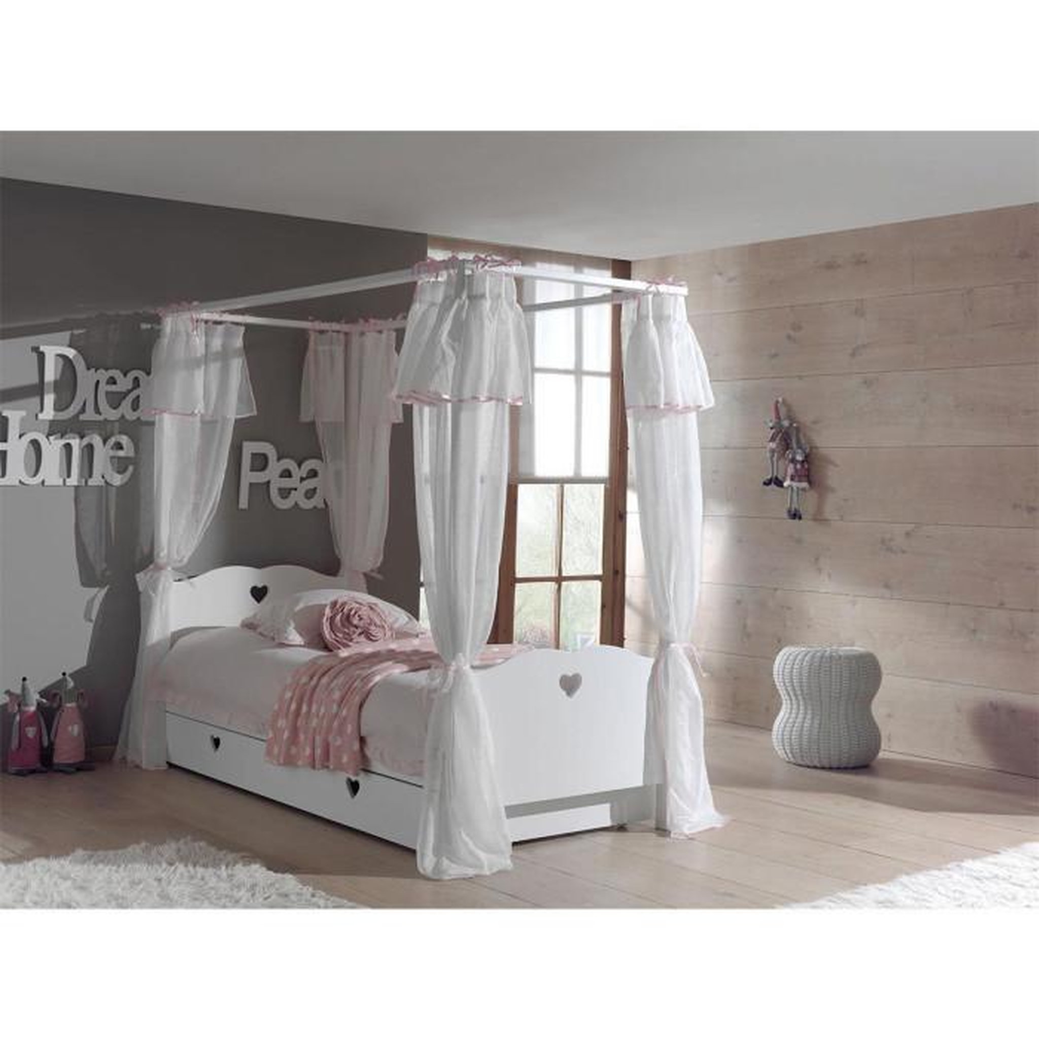 Voir la diapositive 5 : Paris Prix Pack - Lit à Baldaquin Enfant, Sommier, Tiroir & Voile  Amori  90x200cm Blanc