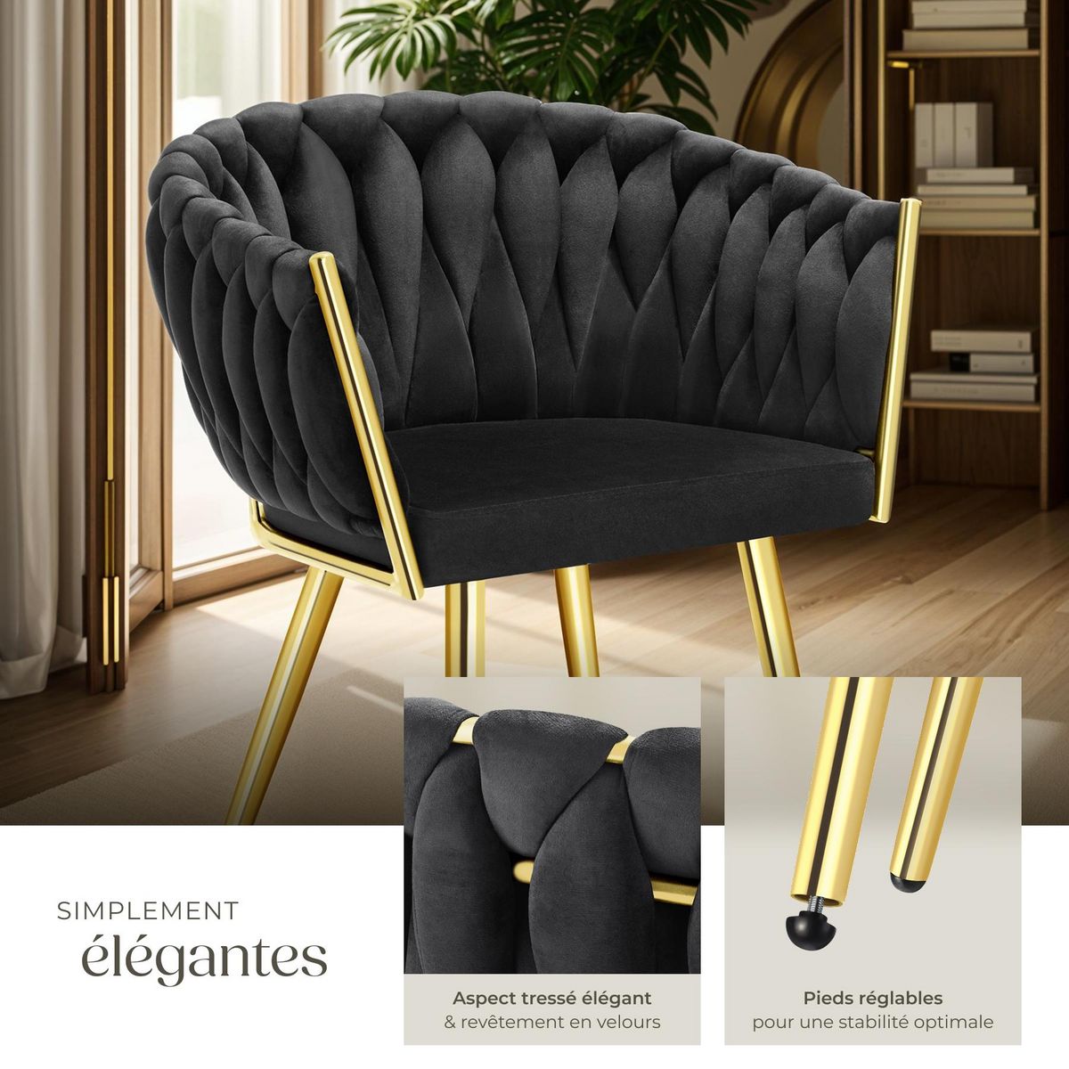 tectake Lot de chaises de salle à manger rembourrée avec revêtement en velours et design noué noir/or Lot de 2