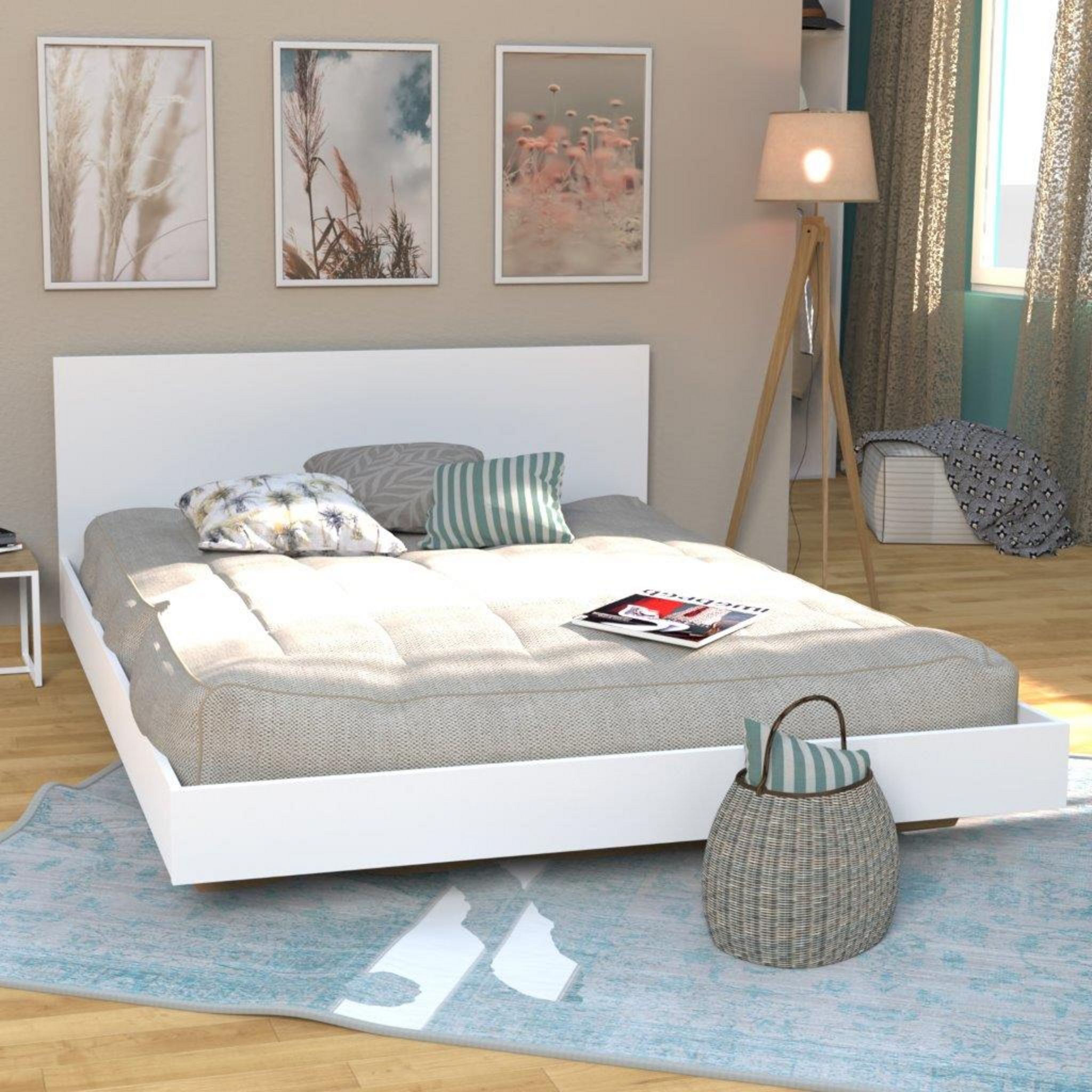 Lit double 140x190 cm avec tête de lit et sommier LAGOS. Coloris disponibles : Noir, Bois, Blanc, Multicolore