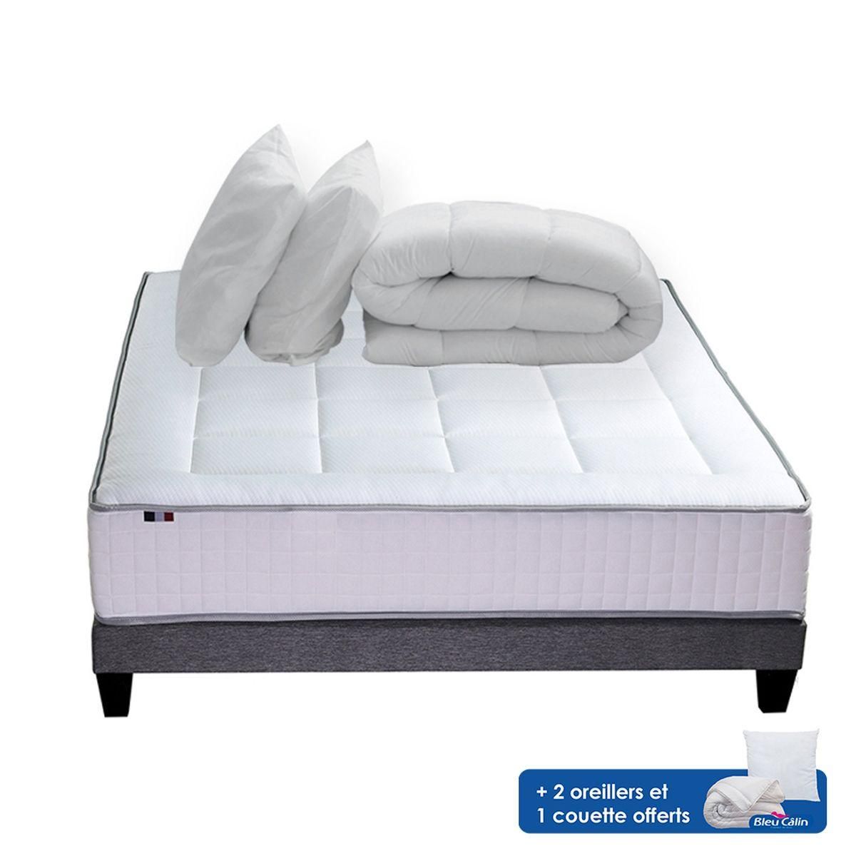 Ensemble Matelas Ressort 7 zones + sommier 140 x 190 cm + oreillers + couette PALACIO