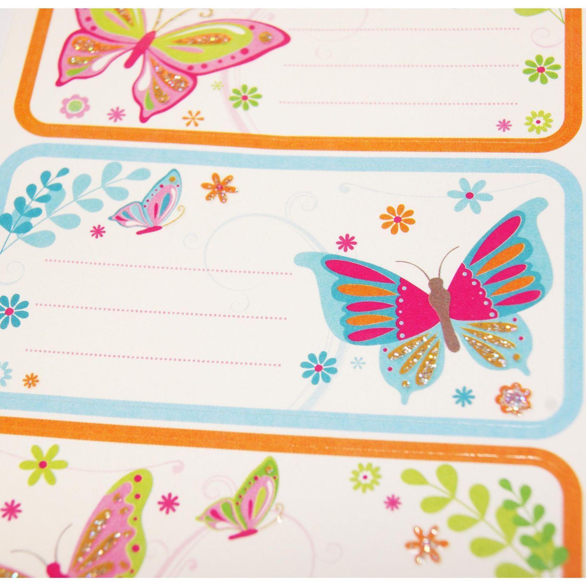 Voir la diapositive 2 : GLOBAL GIFT 12 étiquettes adhésives scolaires - Rectangle - Papillons - Paillettes
