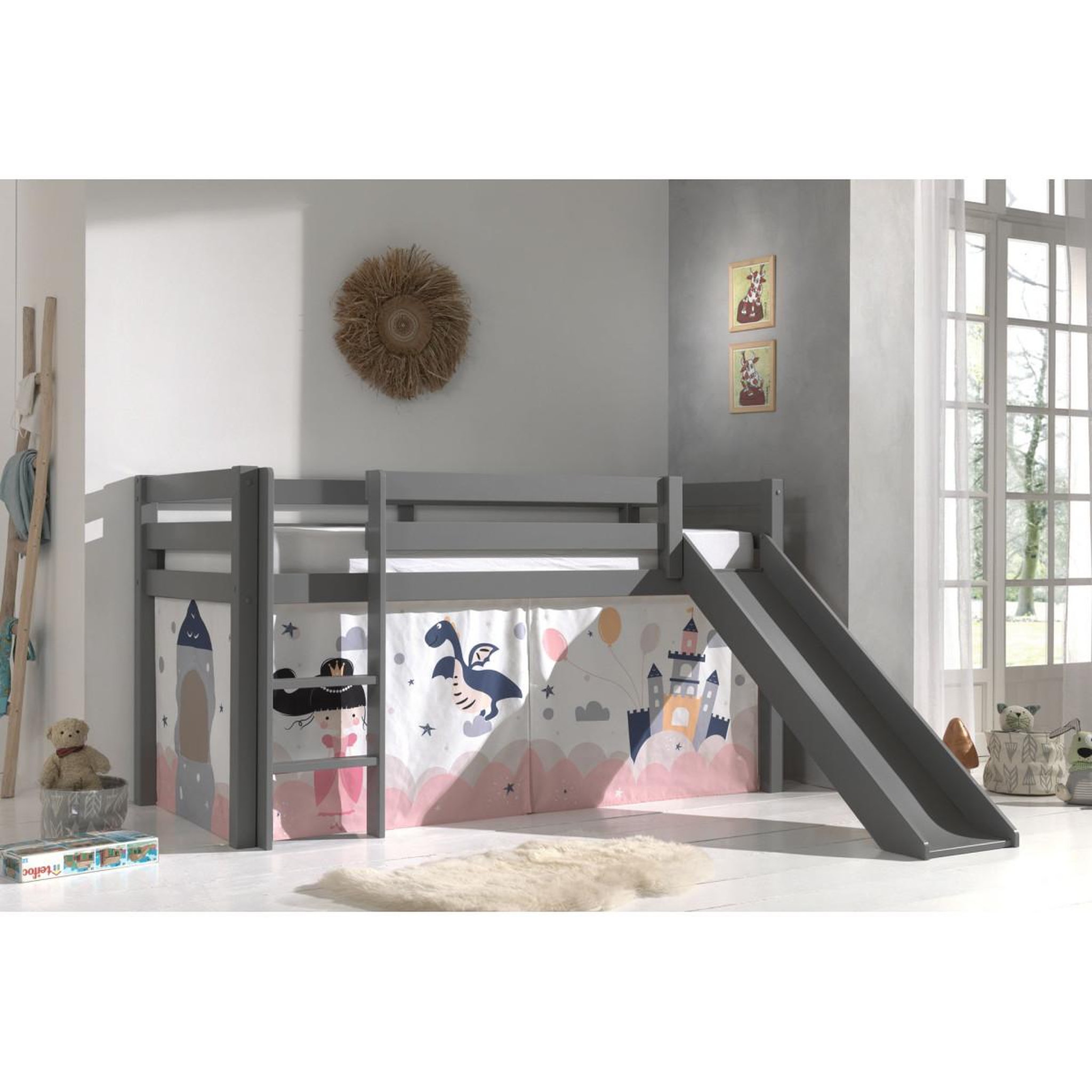 Voir la diapositive 2 : Paris Prix Lit enfant surélevé avec toboggan  pino princesse sophie  90x200cm gris