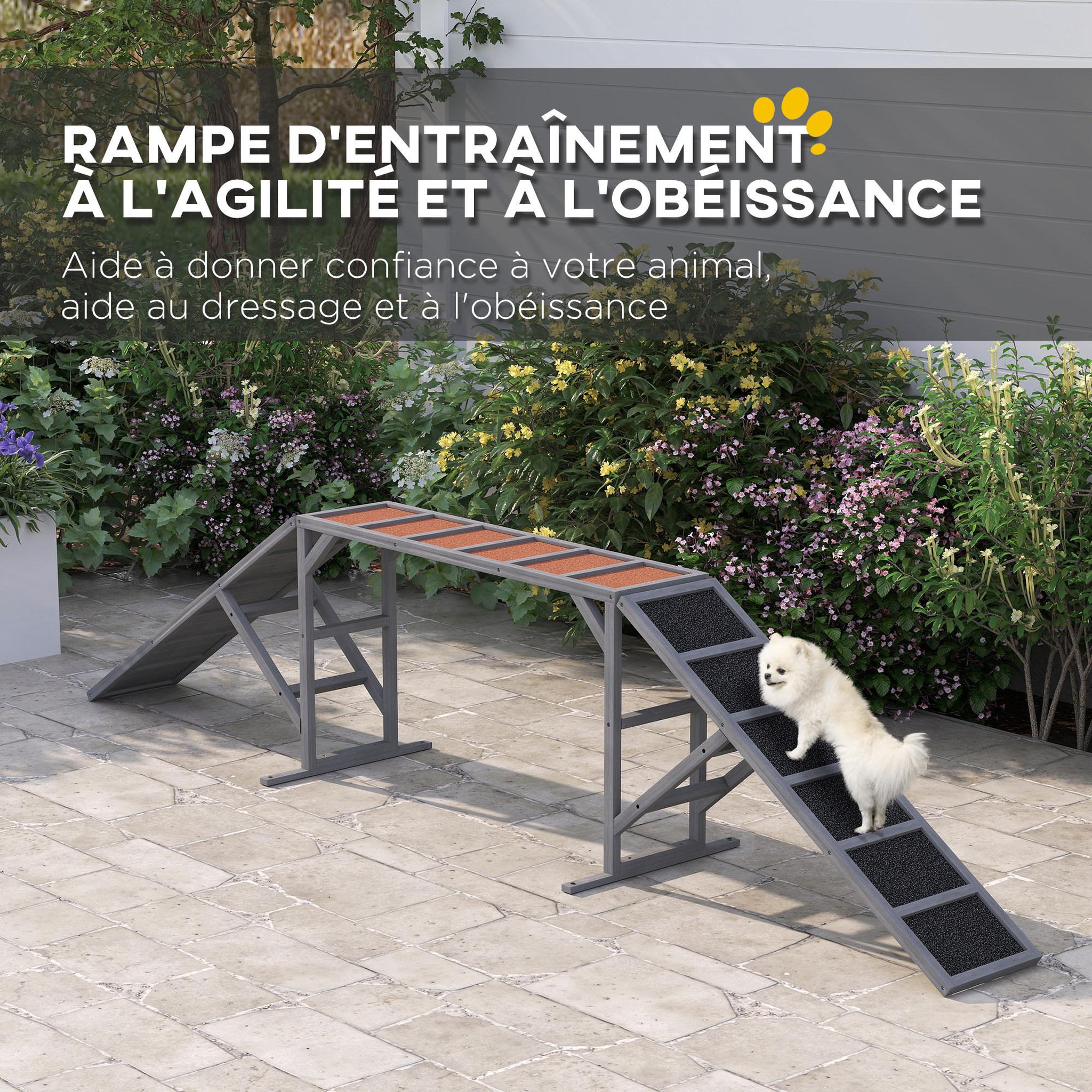 Voir la diapositive 5 : PAWHUT Rampe d'agilité pour chien barres de sécurité surface antidérapante max. 40kg bois gris