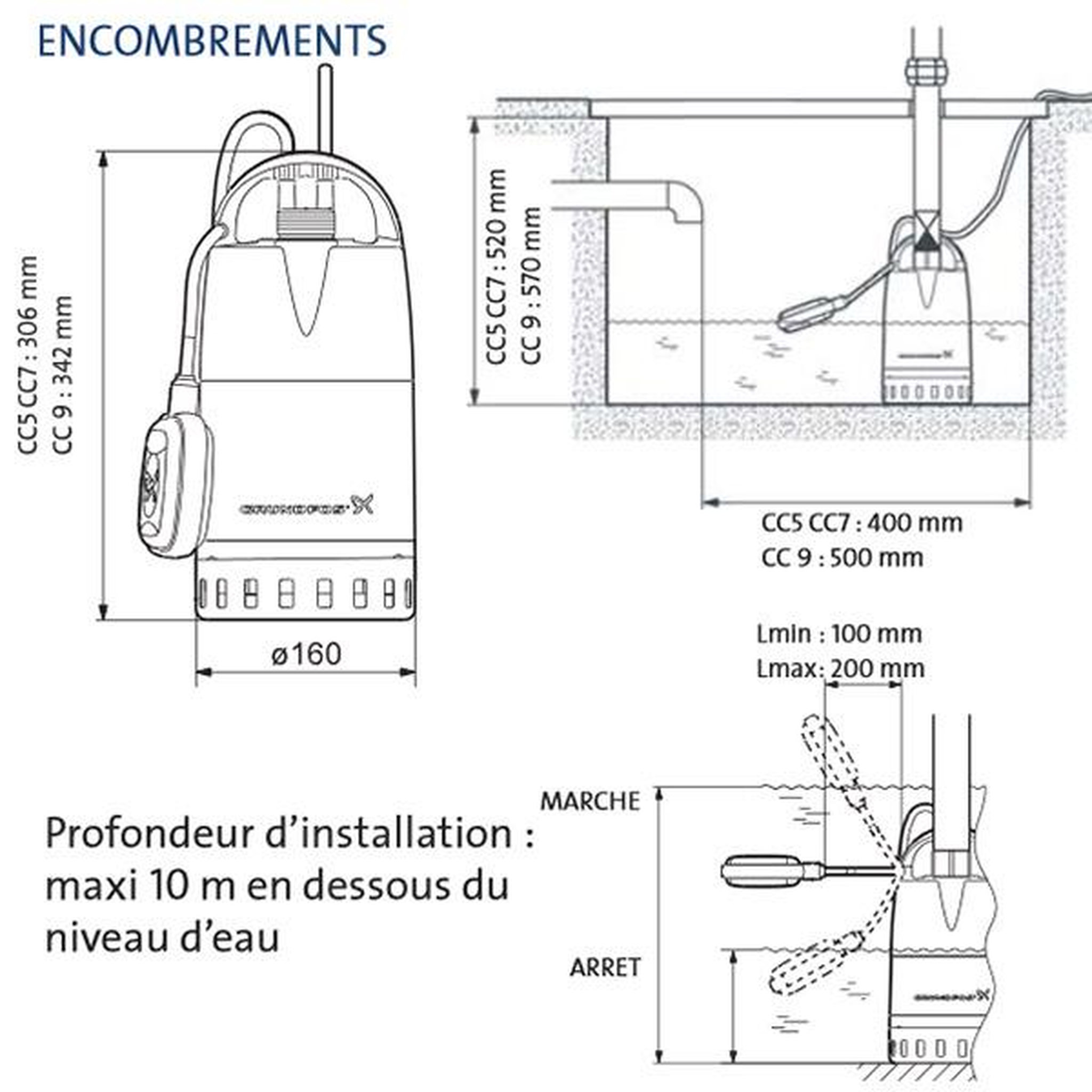 Voir la diapositive 2 : Grundfos Pompe de relevage 780w avec flotteur réglable - UNILIFT CC9 A1