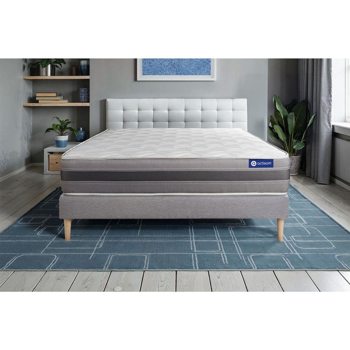 ACTISOM Ensemble matelas ACTIMEMO RELAX mémoire de forme 90x200 cm Maxi épaisseur 5zones de confort + sommier KIT gris