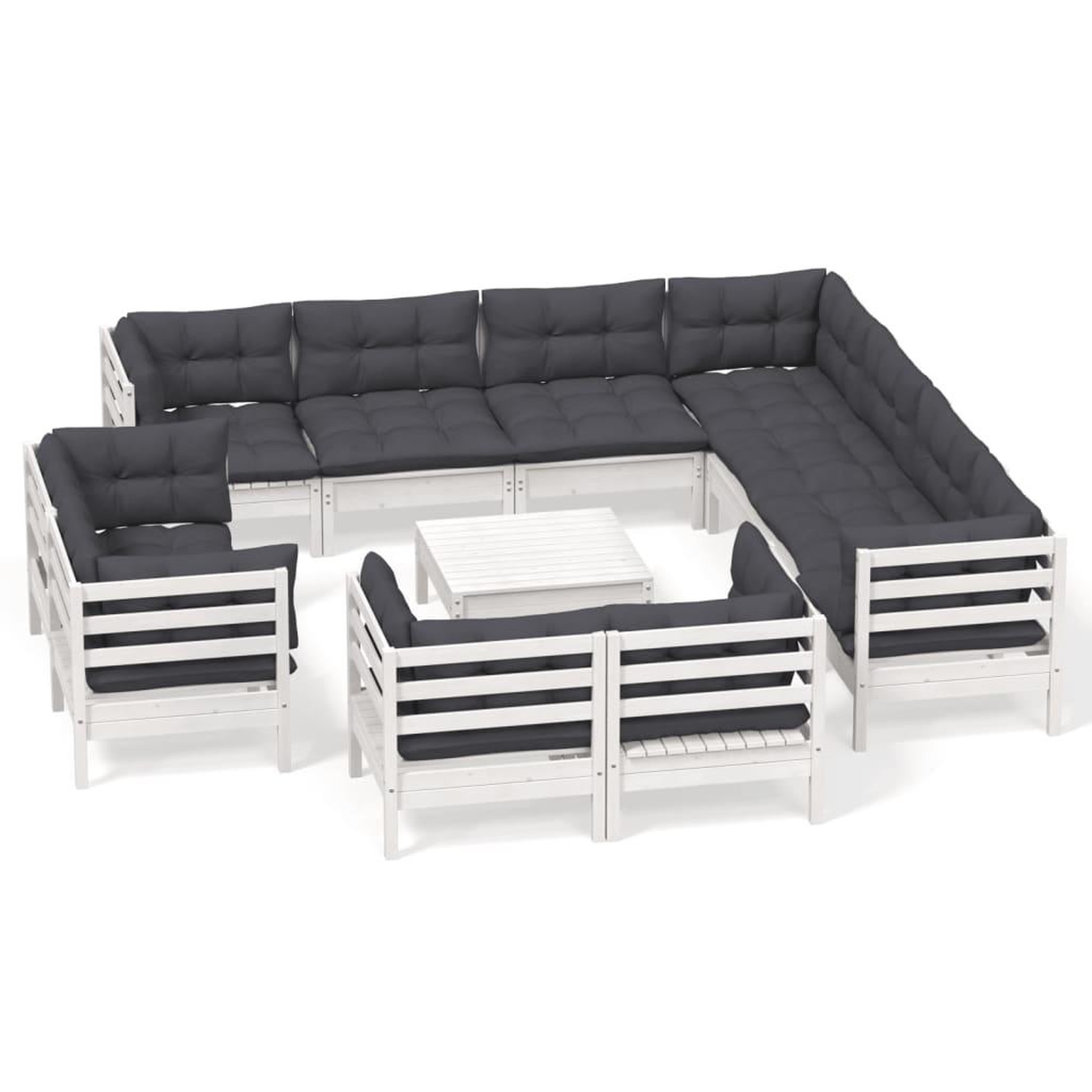 Voir la diapositive 2 : VIDAXL Salon de jardin 12 pcs avec coussins blanc bois de pin solide
