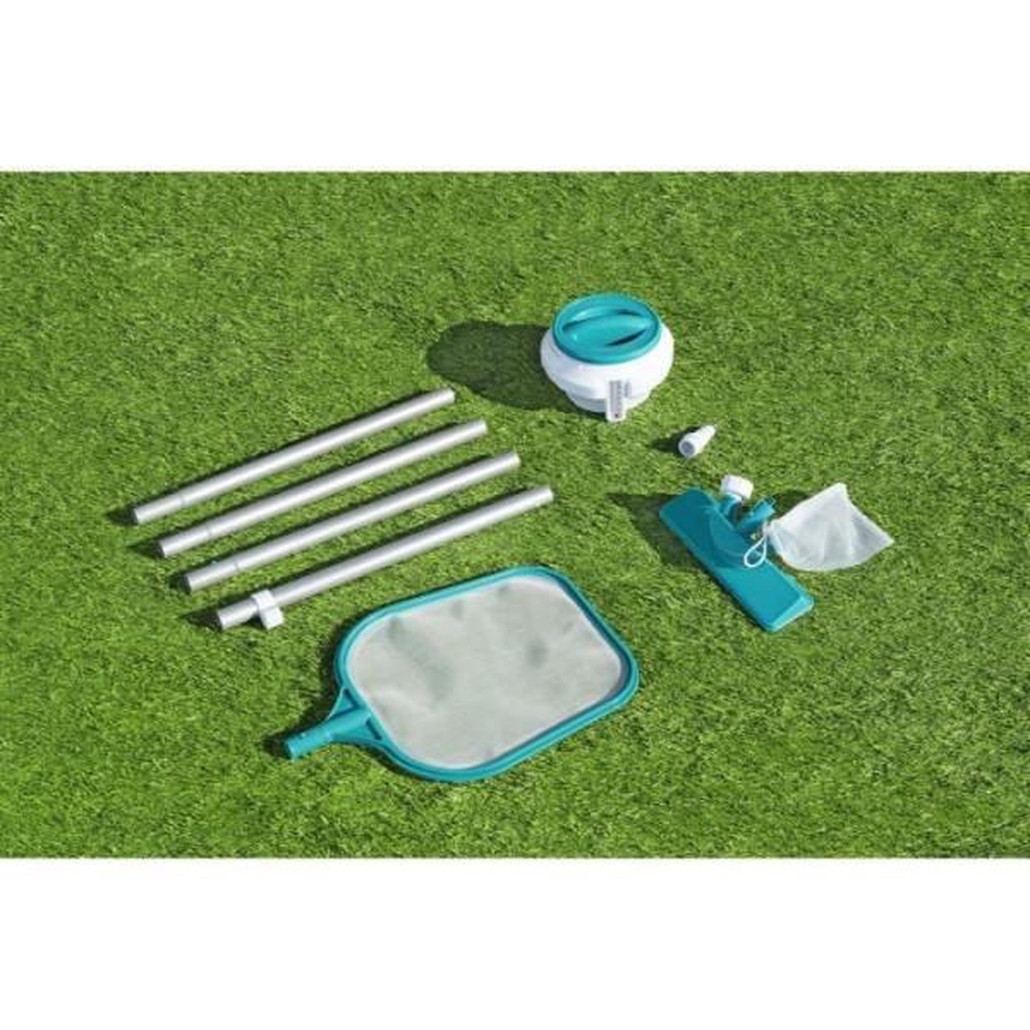 Voir la diapositive 2 : BESTWAY Kit de nettoyage piscine jusqu'a 3,96m - Bestway - Aquaclear - épuisette, flotteur, aspirateur, bande de test, patch de répara