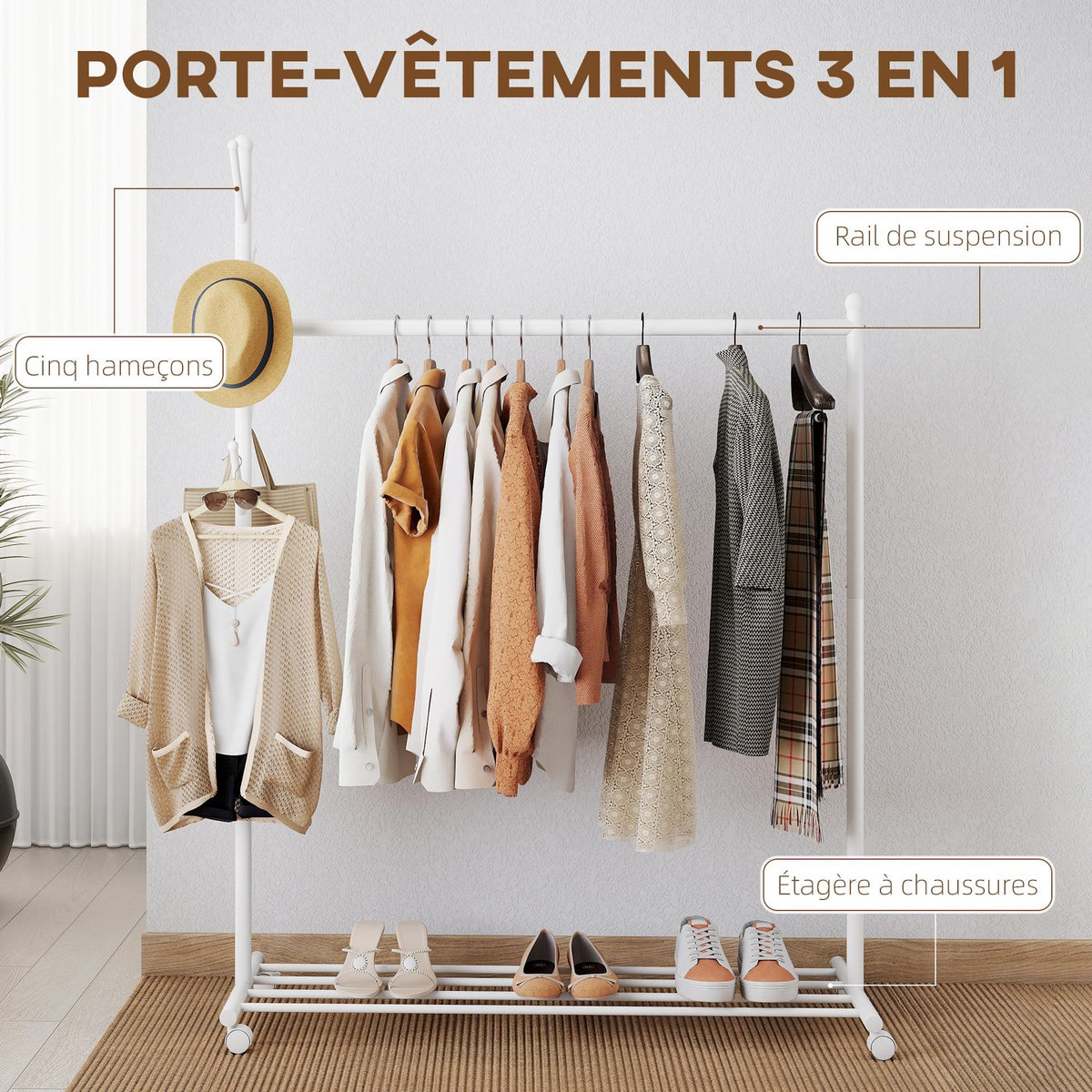 HOMCOM Portant à vêtements mobile étagère porte-manteau en forme d'arbre métal blanc