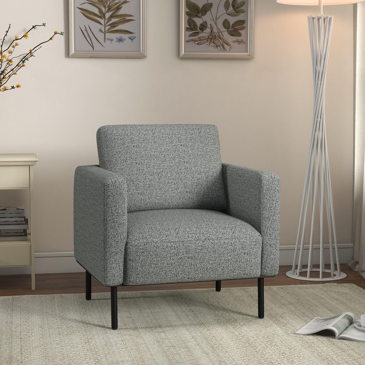 HOMCOM Fauteuil style contemporain grand confort piètement métal noir tissu toucher lin gris chiné