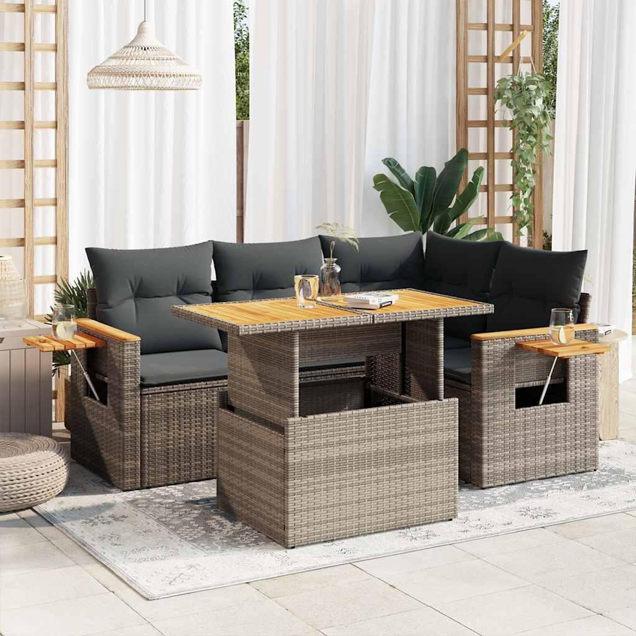 VIDAXL Salon de jardin 5 pcs avec coussins gris resine tressee acacia