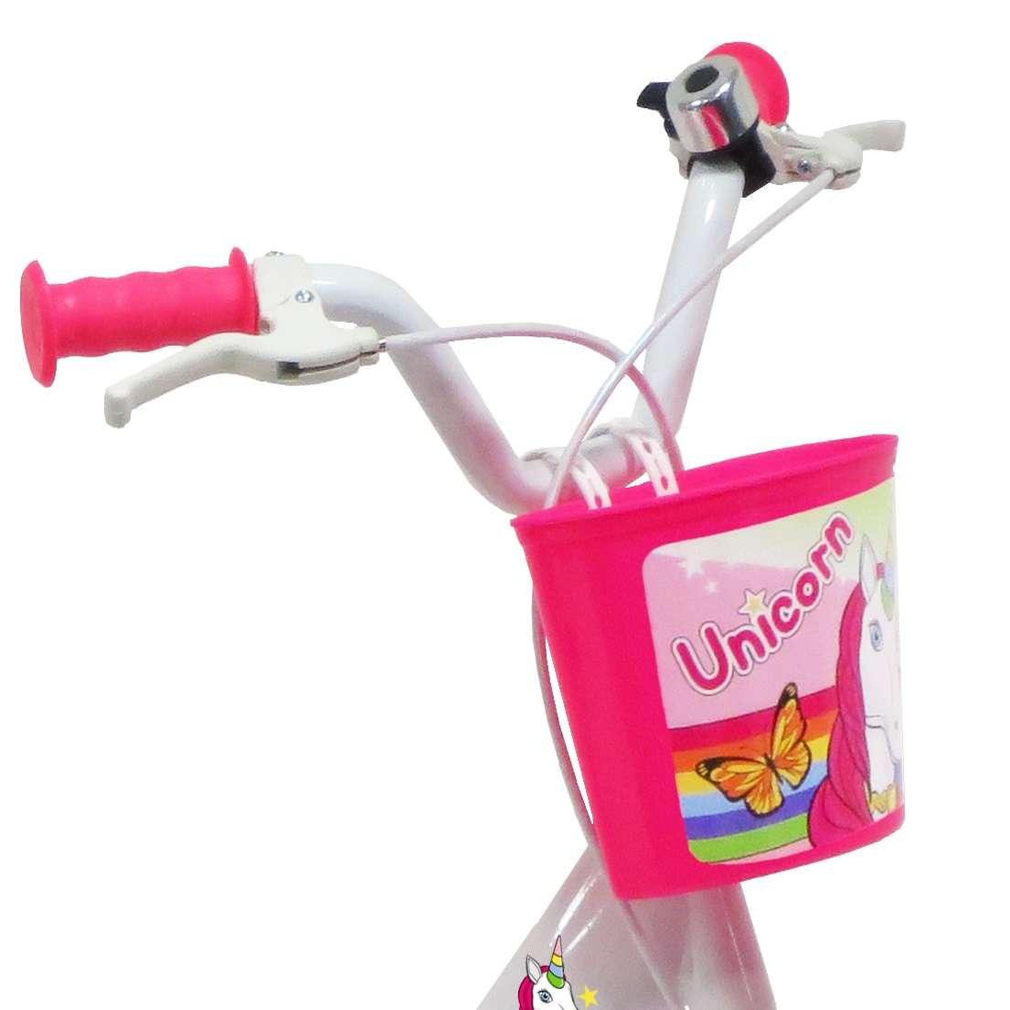 Voir la diapositive 3 : Vélo enfant - Modèle 16'' Fille Licorne / Unicorn pour enfant de taille 105 à 120 cm avec stabilisateurs - Panier avant - Porte poupée arrière - 2 freins et pneus gonflables