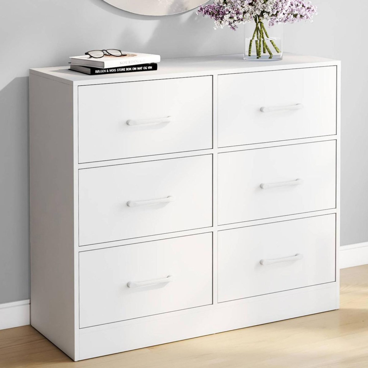 ID MARKET Commode 6 tiroirs en tissu UPPAH 80 cm meuble de rangement bois blanc