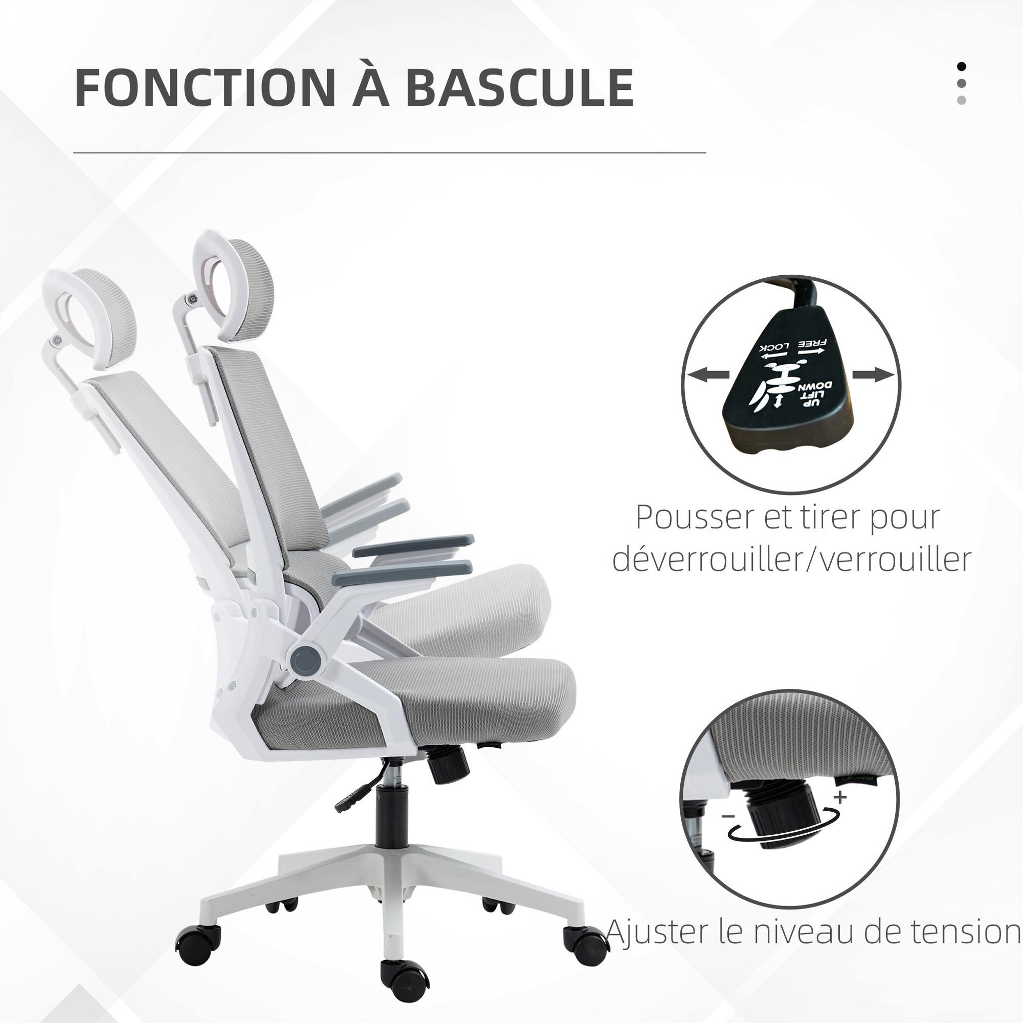 Voir la diapositive 5 : VINSETTO Chaise de bureau ergonomique réglable inclinable pivotante maille polyester gris