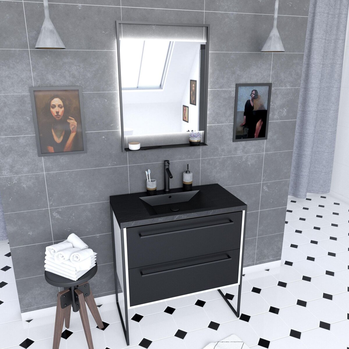 Aurlane Meuble de salle de bain 80x50cm Blanc - 2 tiroirs - vasque resine noire effet pierre - miroir LED