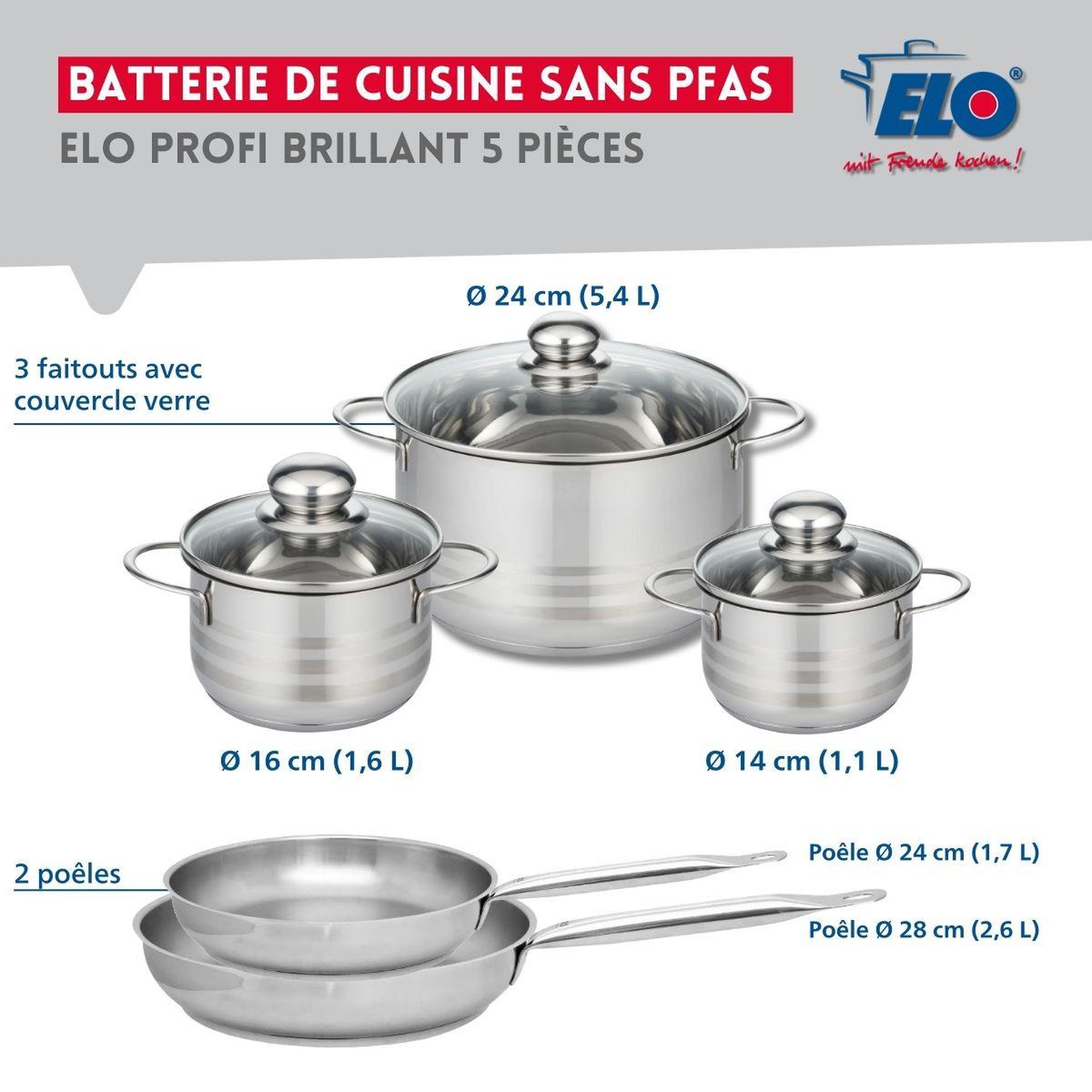 Voir la diapositive 2 : ELO Ensemble de 2 poêles de cuisson 24 et 28 cm et 3 faitouts 14, 16 et 24 cm elo profi brillant