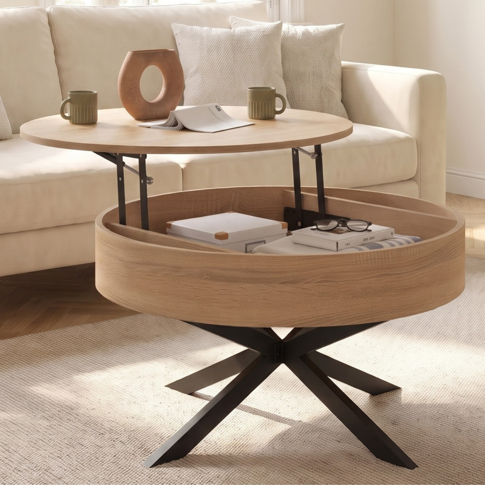 Voir la diapositive 2 : ID MARKET Table basse plateau relevable ronde alix 70 cm pied araignée bois et noir