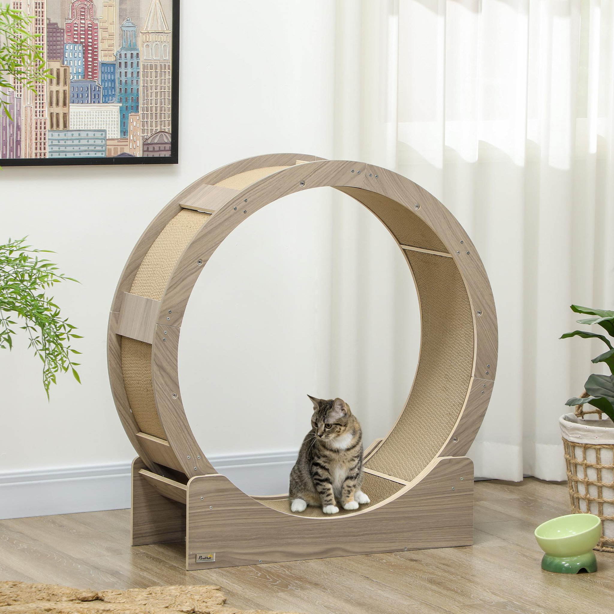 Voir la diapositive 2 : PAWHUT Roue d'exercice pour chat - frein, grattoirs - dim. 91l x 33,5p x 94h cm - aspect bois brun