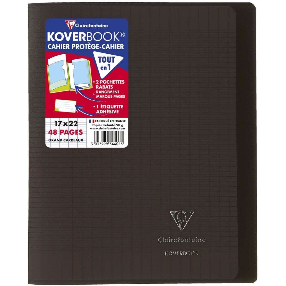 CLAIREFONTAINE Cahier piqué polypro Koverbook 17x22cm 48 pages grands carreaux Seyes gris transparent