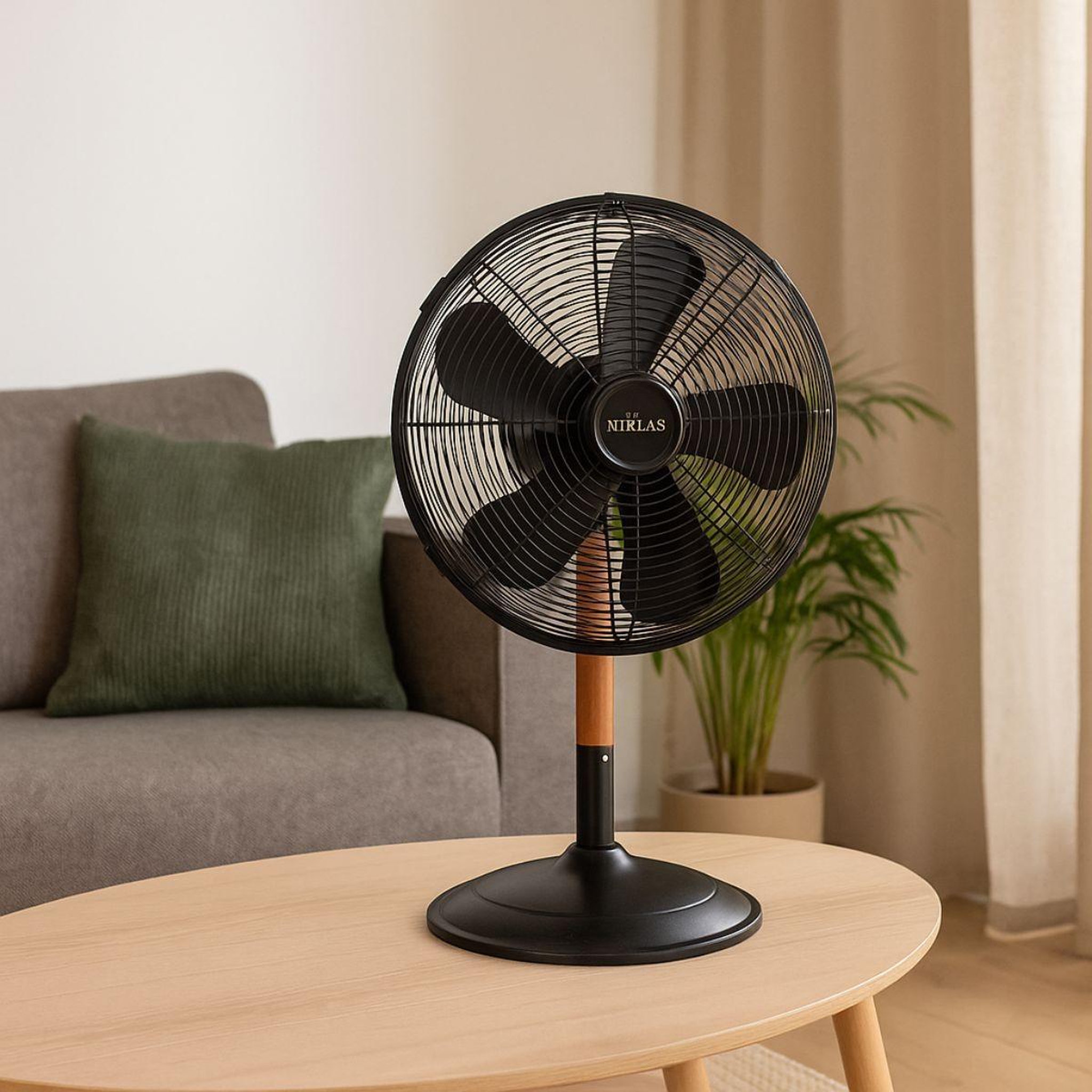 Voir la diapositive 2 : NIKLAS Ventilateur de table 60w mat en bois - ventilateur portable 3 vitesses hauteur 76cm tête réglable niklas