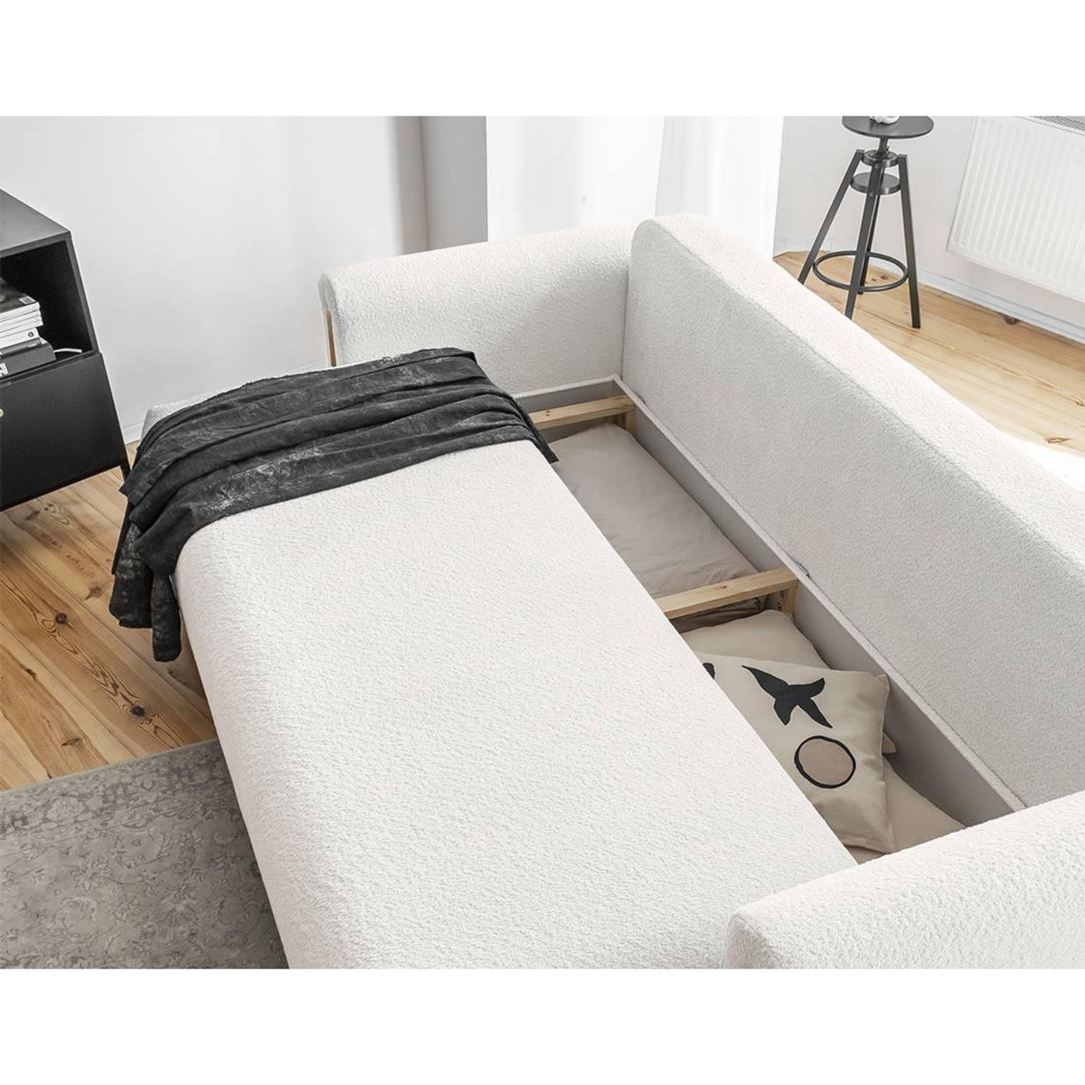 BEST MOBILIER Glendale - canapé droit 3 places - convertible avec coffre - en tissu bouclette