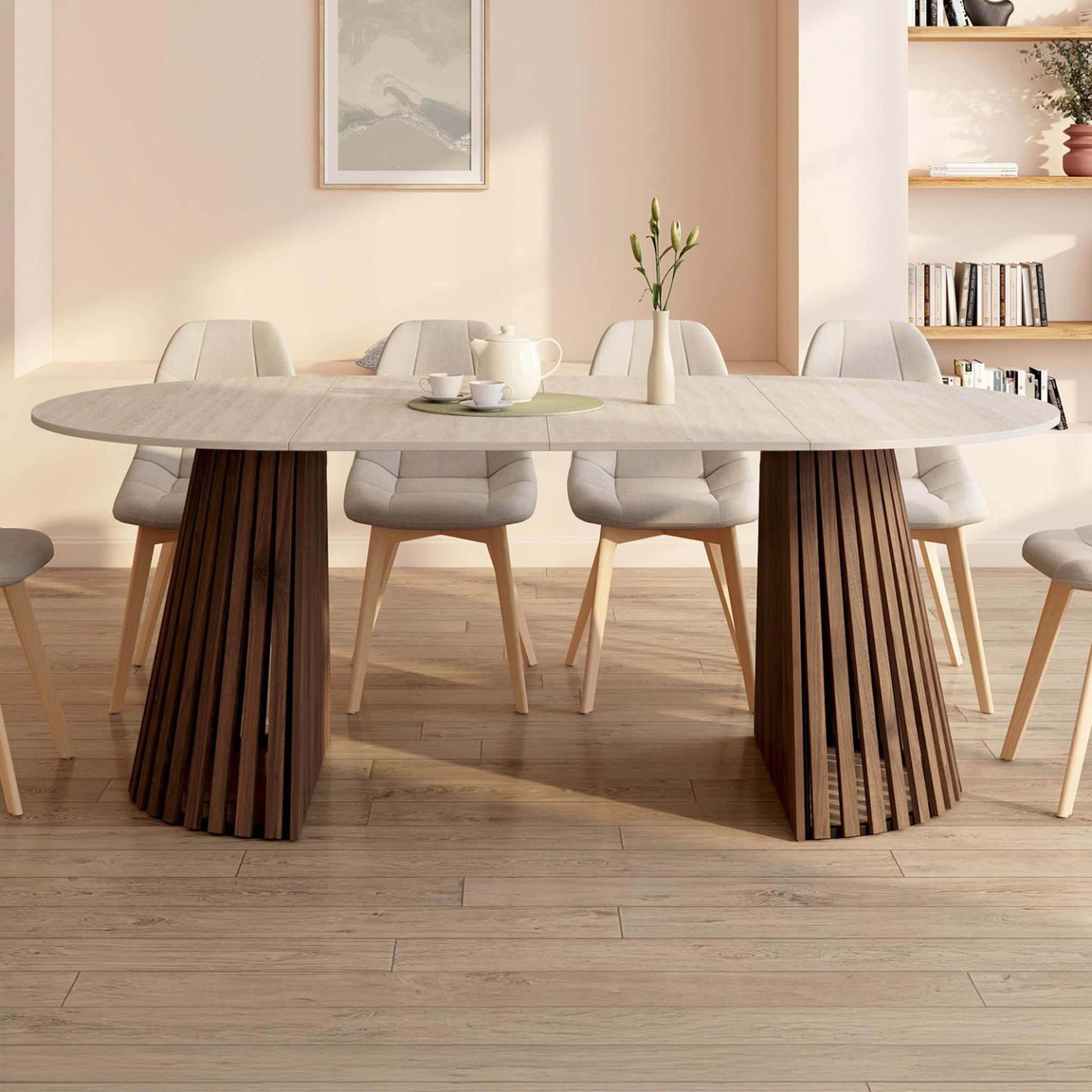 Voir la diapositive 2 : ID MARKET Table à manger extensible ronde carmen 4-10 personnes pied noyer en lattes et plateau effet travertin 110-200 cm