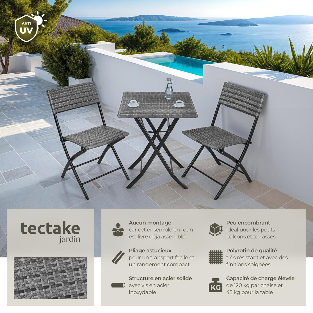 tectake Salon de jardin pour 2 personnes gris
