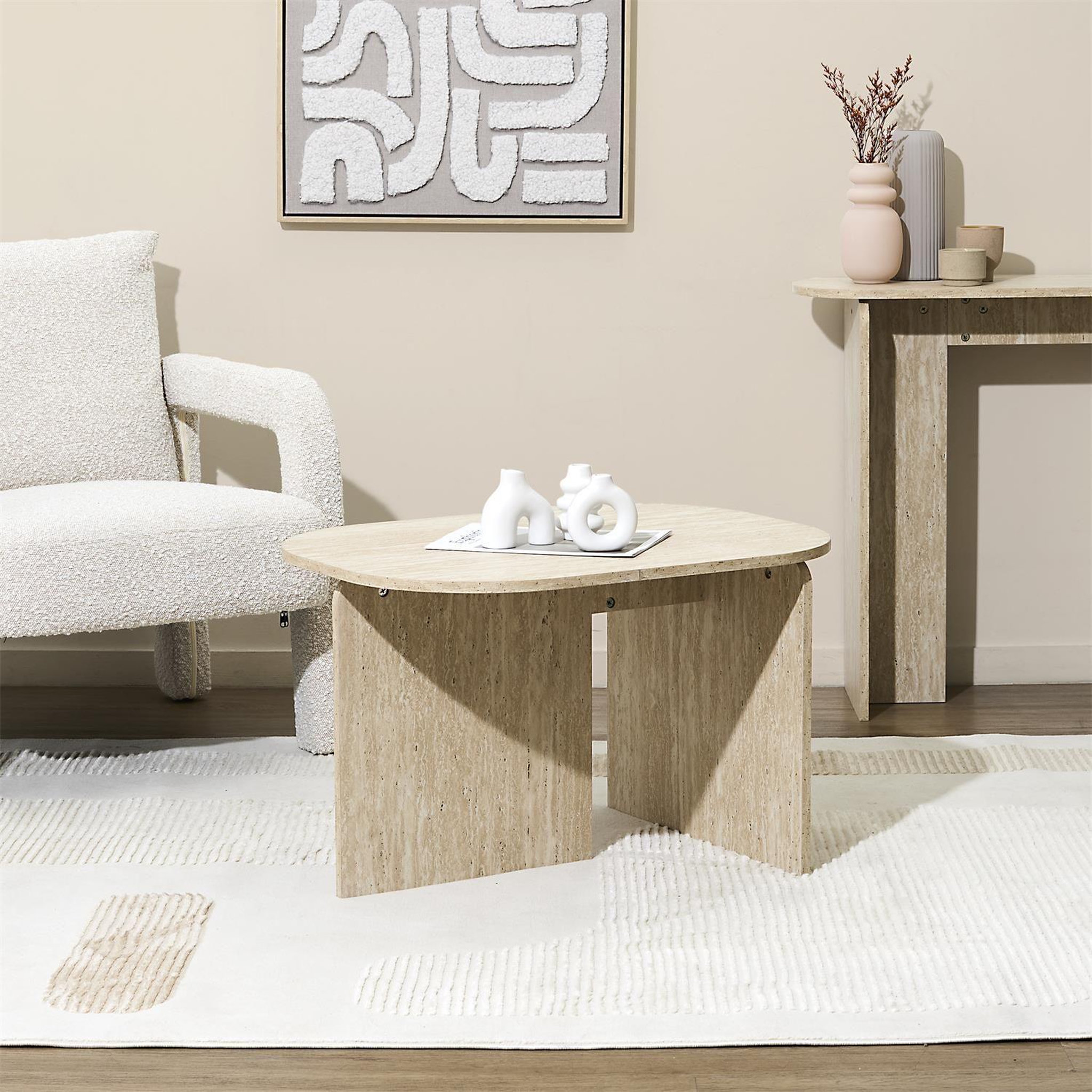 Voir la diapositive 2 : The Home Deco Factory Table basse ovale effet travertin pietra - beige