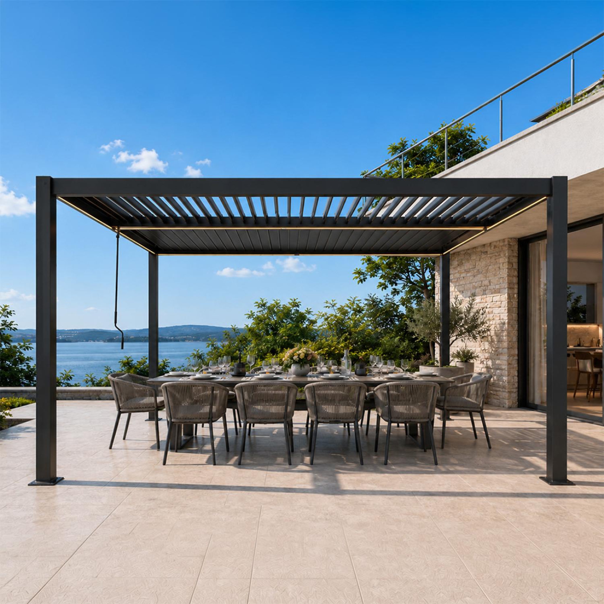 Voir la diapositive 6 : CONCEPT USINE Pergola bioclimatique à led 4x3m structure aluminium lames orientables corfu