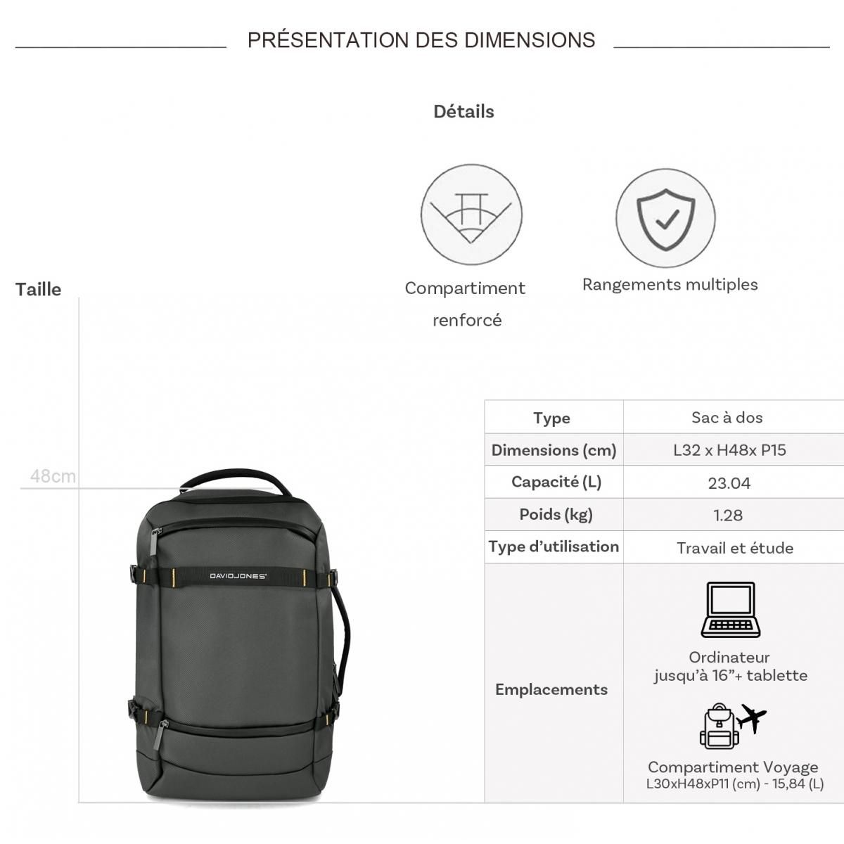 David Jones Sac à dos porte-ordinateur et voyage 16''