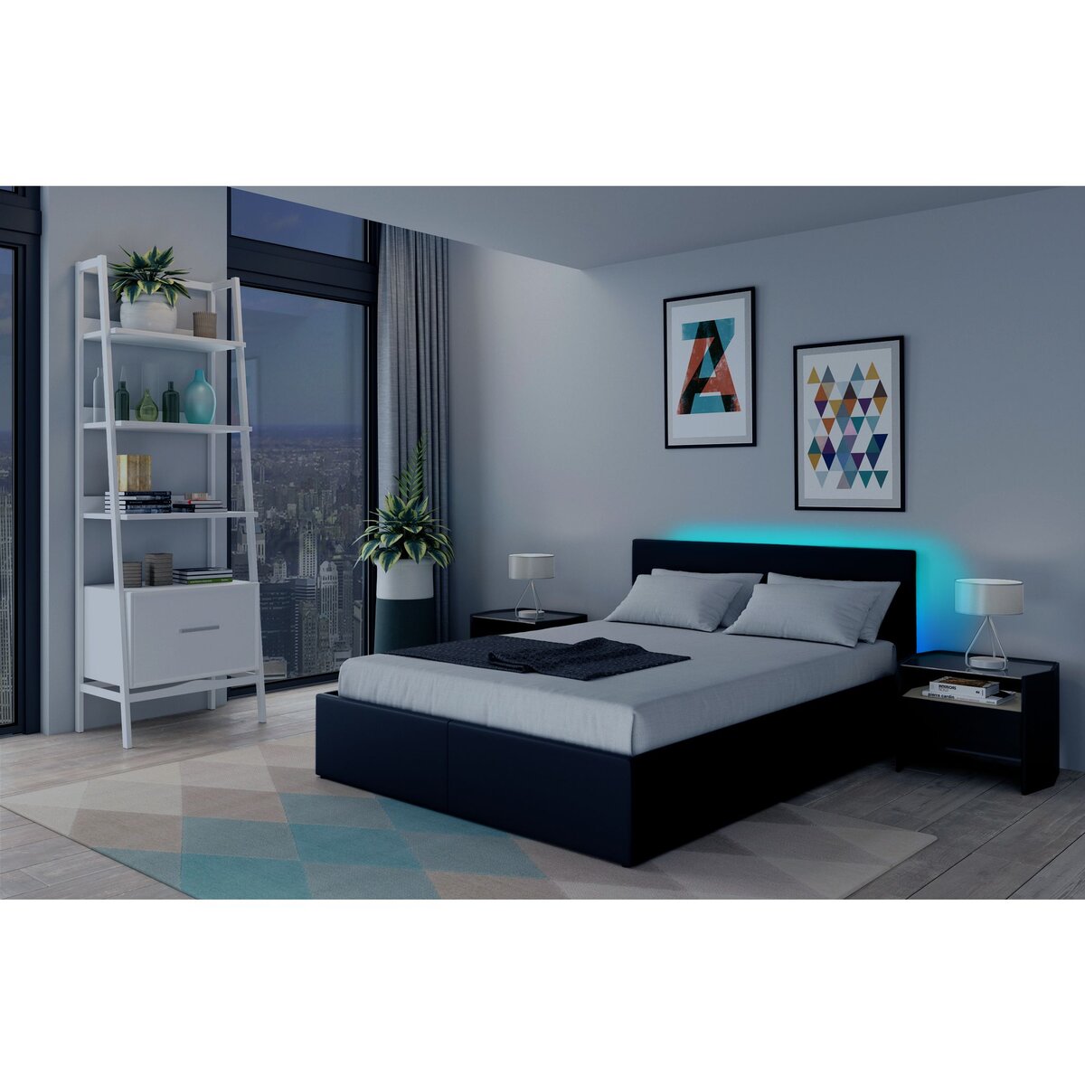 Lit coffre 140x190 cm avec sommier à lattes et tête de lit LED WILLOW