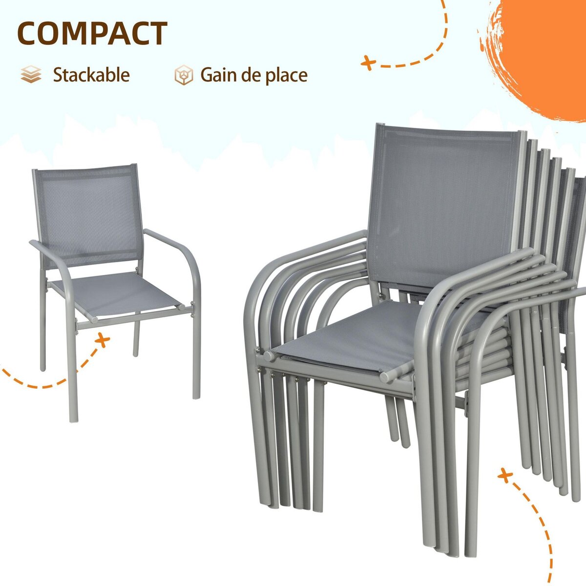 OUTSUNNY Ensemble de jardin 6 personnes chaises empilables table à manger dim. 150L x 90l x 72H cm plateau verre acier époxy textilène gris