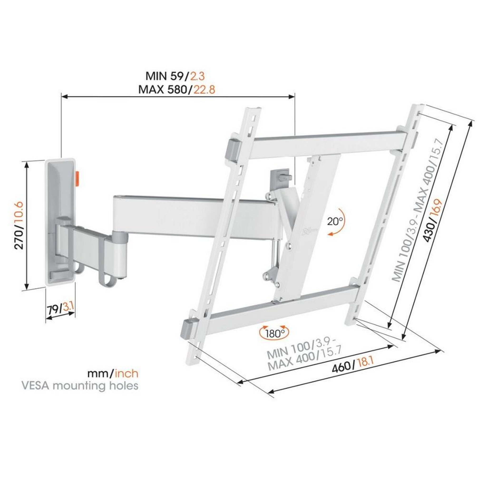 Voir la diapositive 2 : Vogel's Support mural inclinable/orientable pour écrans 32  à 65  blanc - tvm3445wht