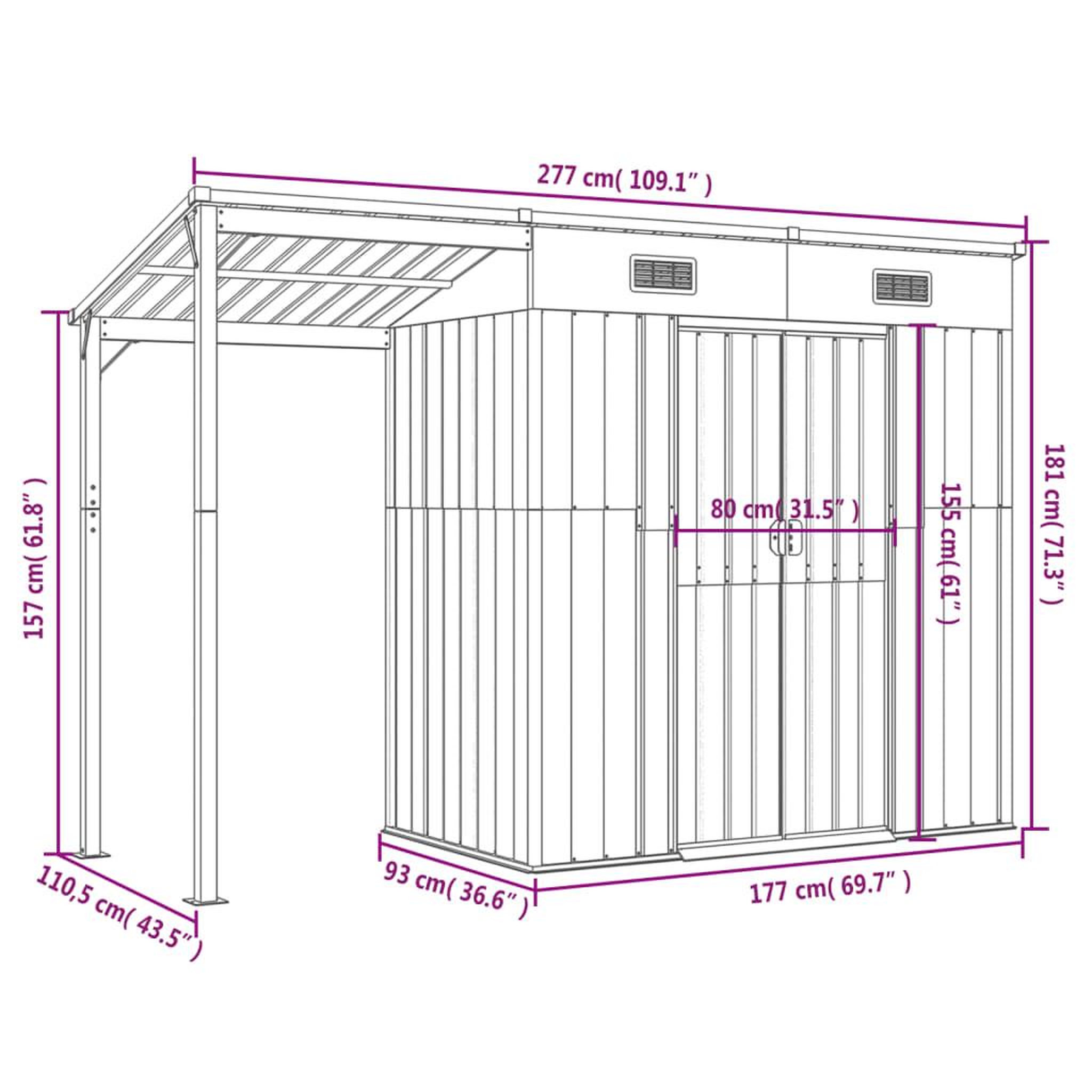 Voir la diapositive 6 : VIDAXL Abri de jardin avec toit prolonge gris clair 277x110,5x181 cm