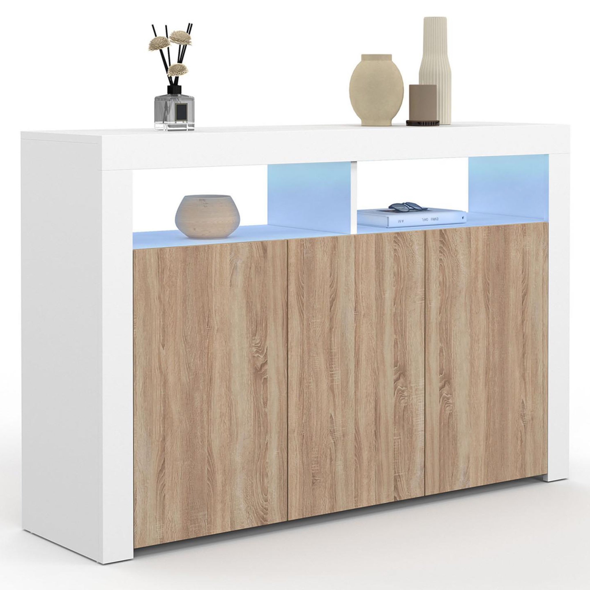 ID MARKET Buffet 110 cm elight 3 portes avec led et niches blanc et bois façon hêtre