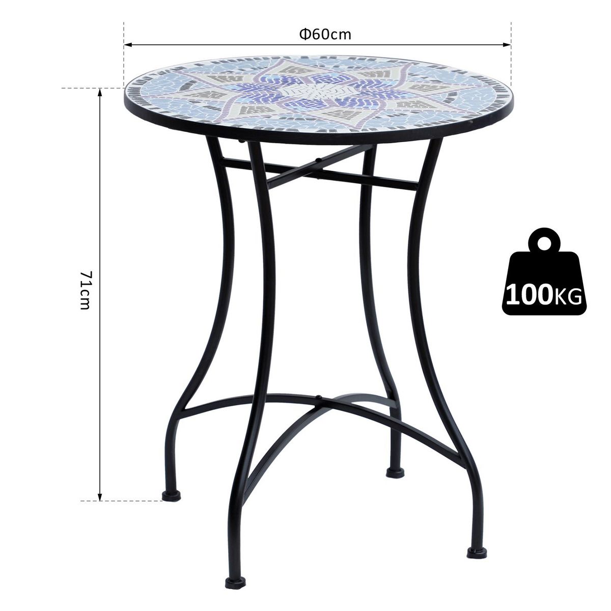 OUTSUNNY Table ronde style fer forgé bistro plateau mosaïque motif fleur métal époxy anticorrosion noir céramique