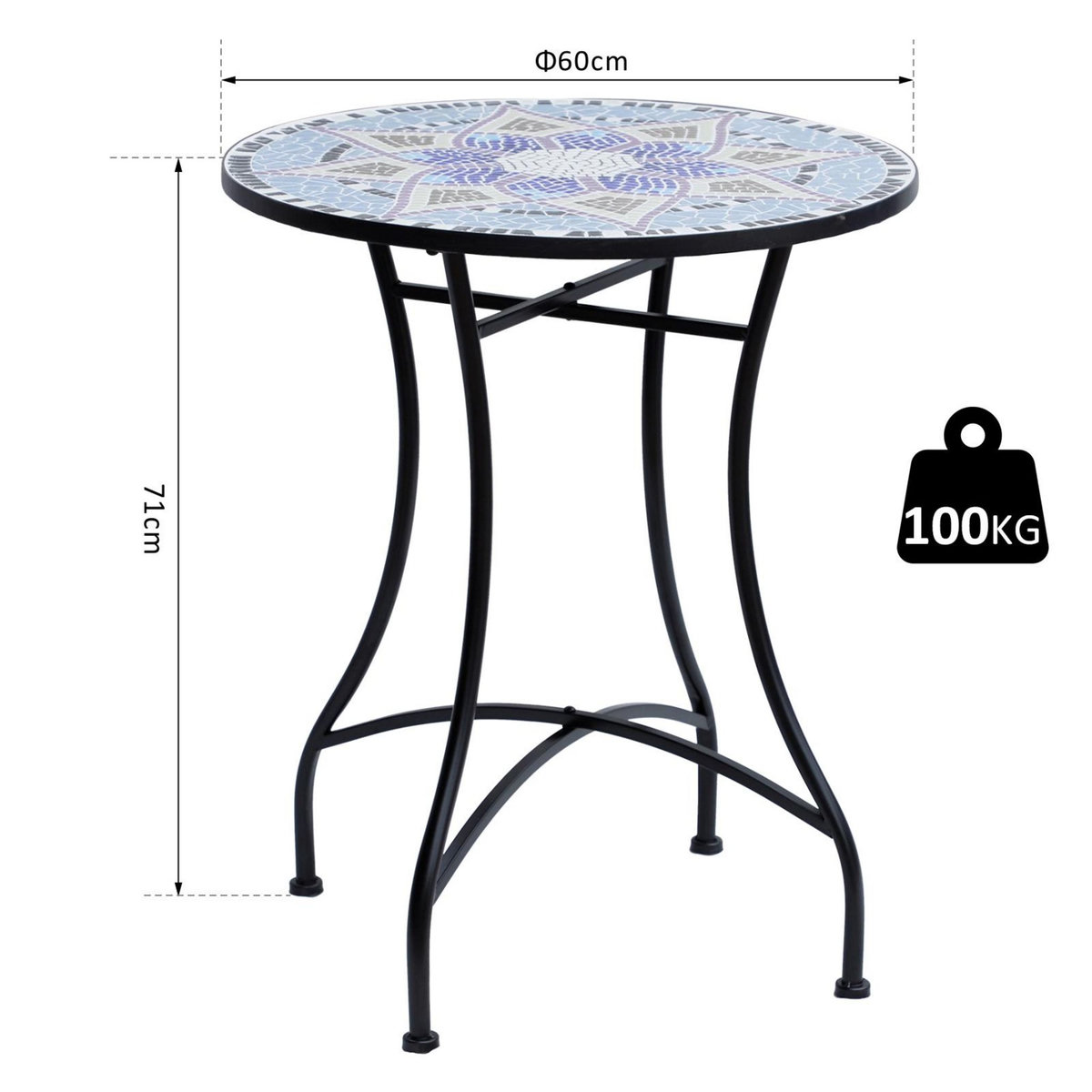 OUTSUNNY Table ronde style fer forgé bistro plateau mosaïque motif fleur métal époxy anticorrosion noir céramique