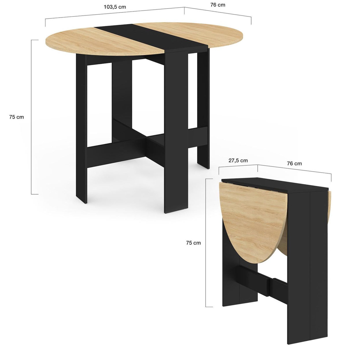 ID MARKET Table console pliable ronde EDI 2-4 personnes bois noir plateau façon hêtre 103 x 76 cm