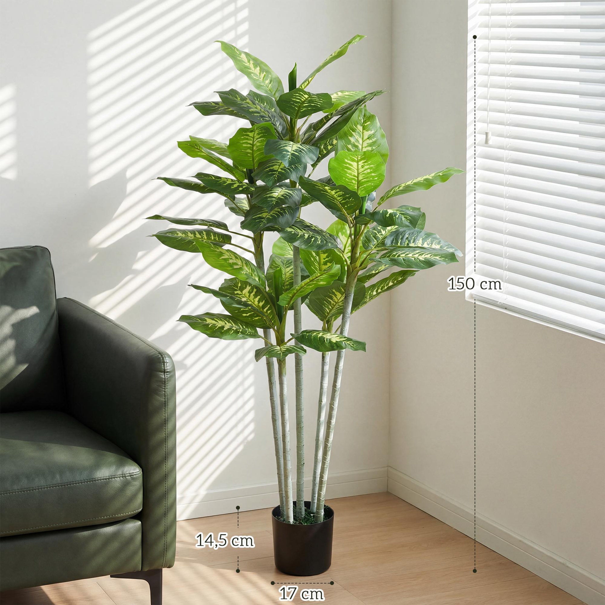 Voir la diapositive 3 : HOMCOM Plante artificielle Calathea H.150cm tronc branches lichen feuilles grand réalisme
