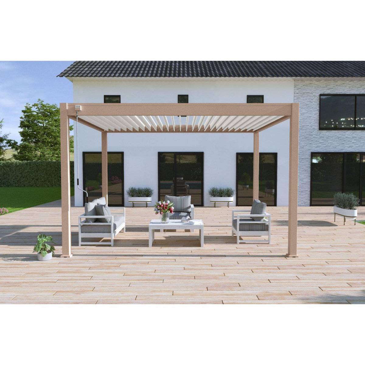 Pergola Bioclimatique autoportée 3X4 m - Aluminium - Beige agate/blanc -  VS OmBREA®