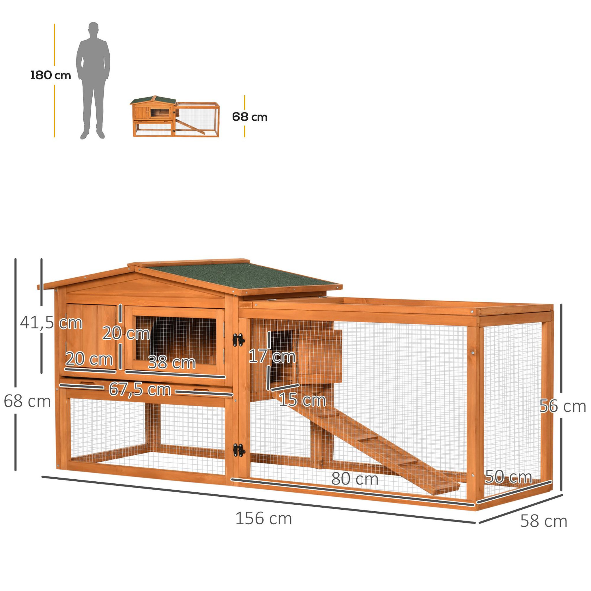Voir la diapositive 3 : PAWHUT Clapier cage à lapins rongeurs 2 étages tiroir déjection enclos extérieur toit ouvrant dim. 156L x 58l x 68H cm bois sapin pré-huilé